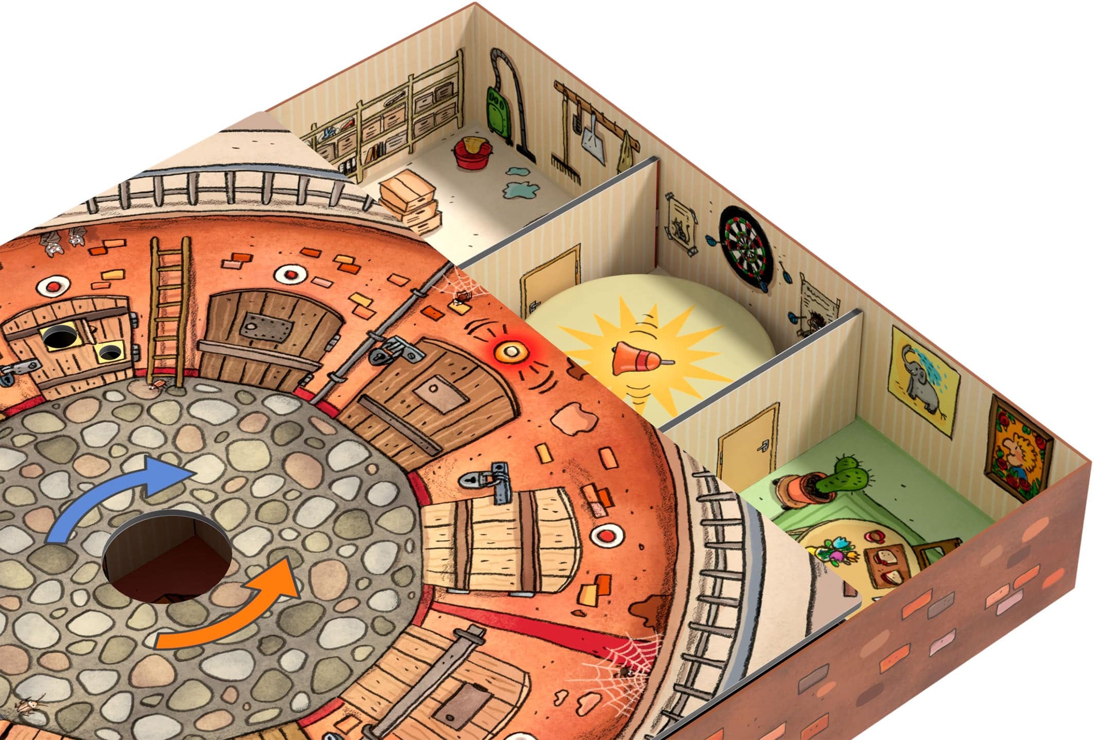 Illustration of a children's playhouse with various rooms and activities.