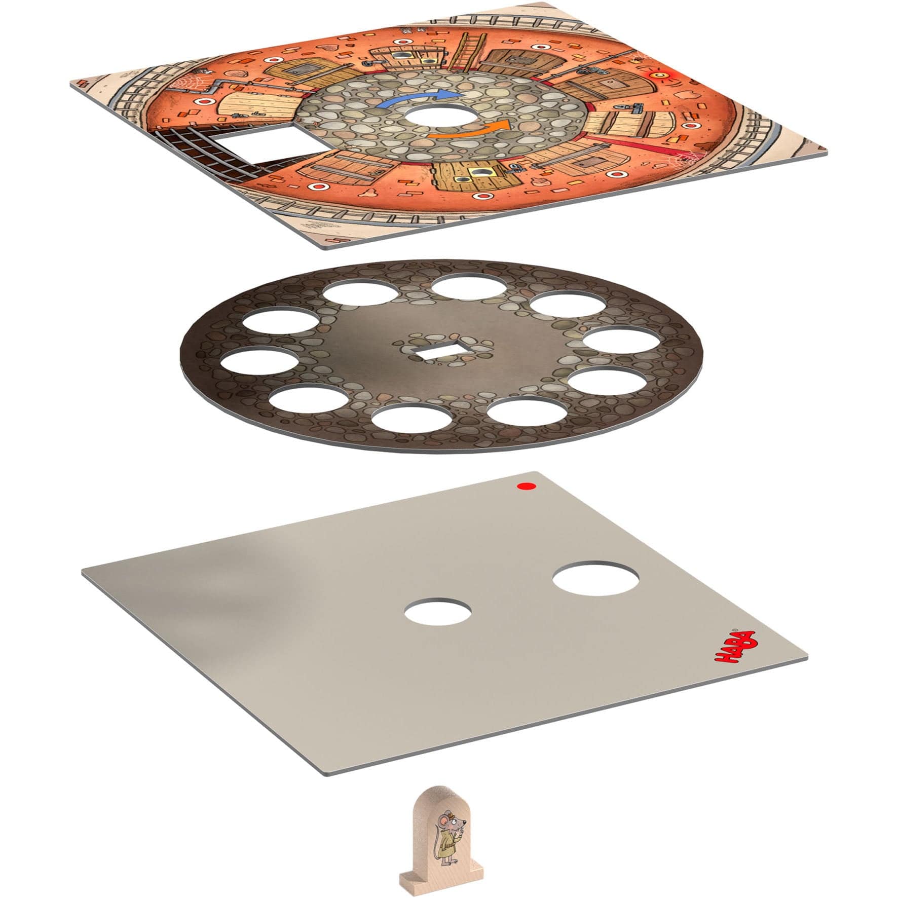 Three game boards and a small wooden figure on a white background