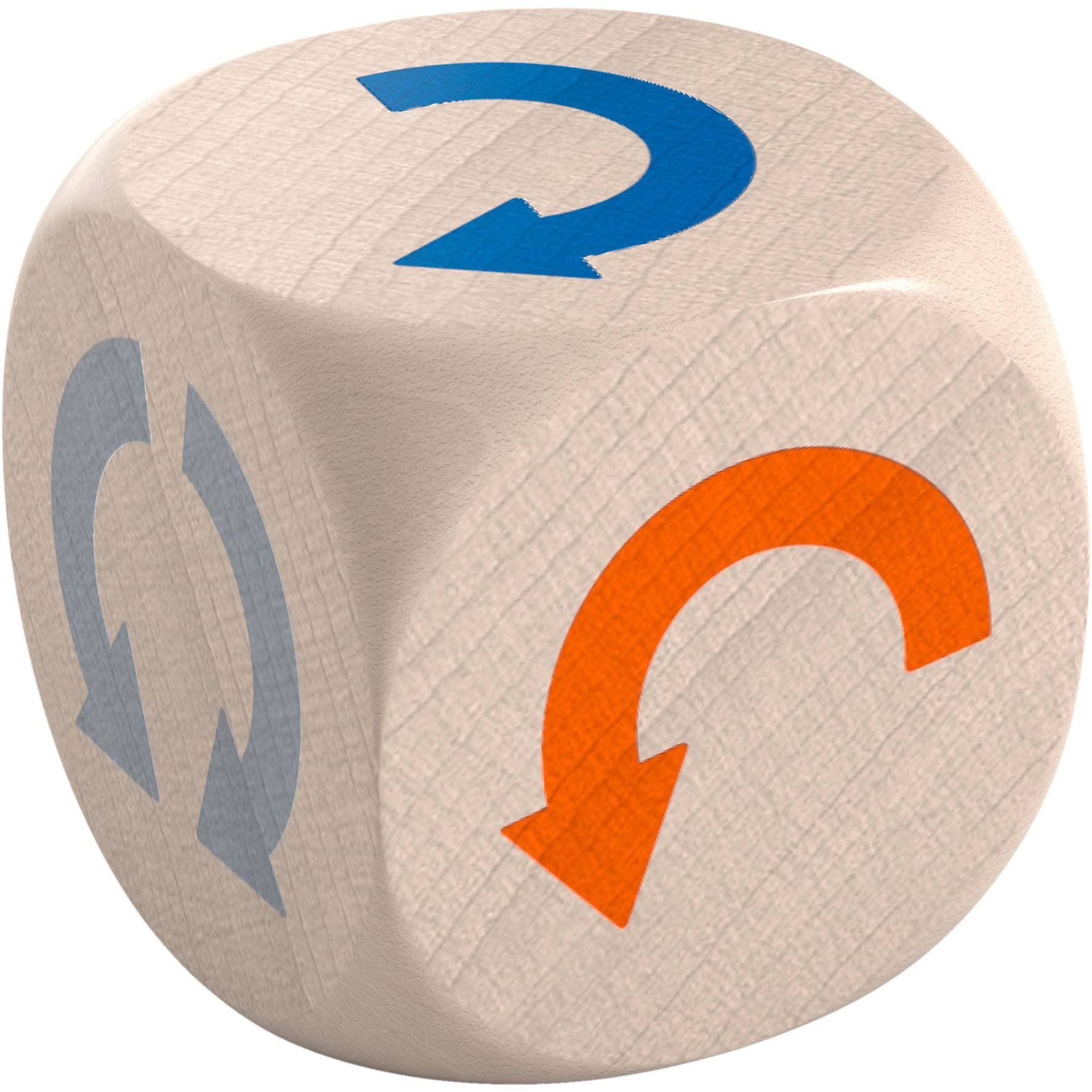 Dice with blue and orange arrows on a beige background