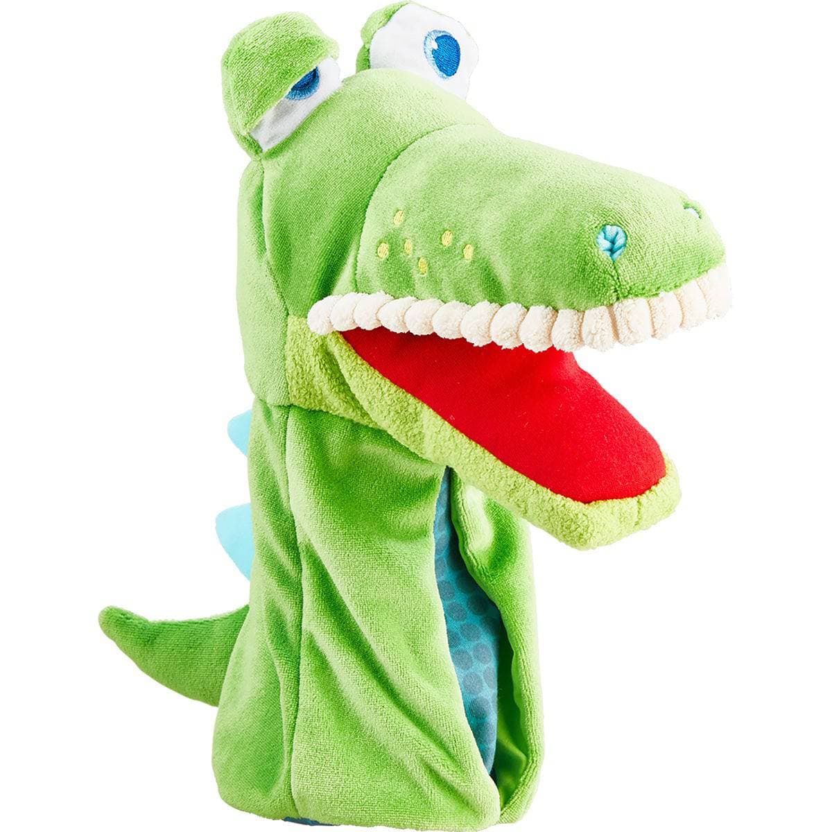 Green dinosaur plush toy with a red mouth on a white background