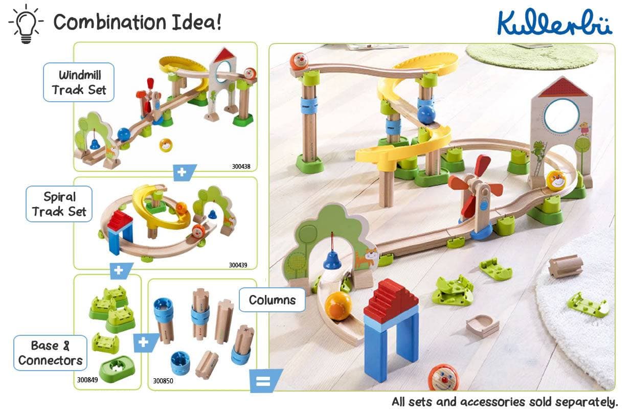 Kullerbii toy track set with windmill, spiral, and column components on a white background.