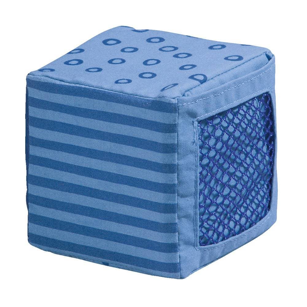 Blue cube-shaped container with striped pattern and textured side on a white background