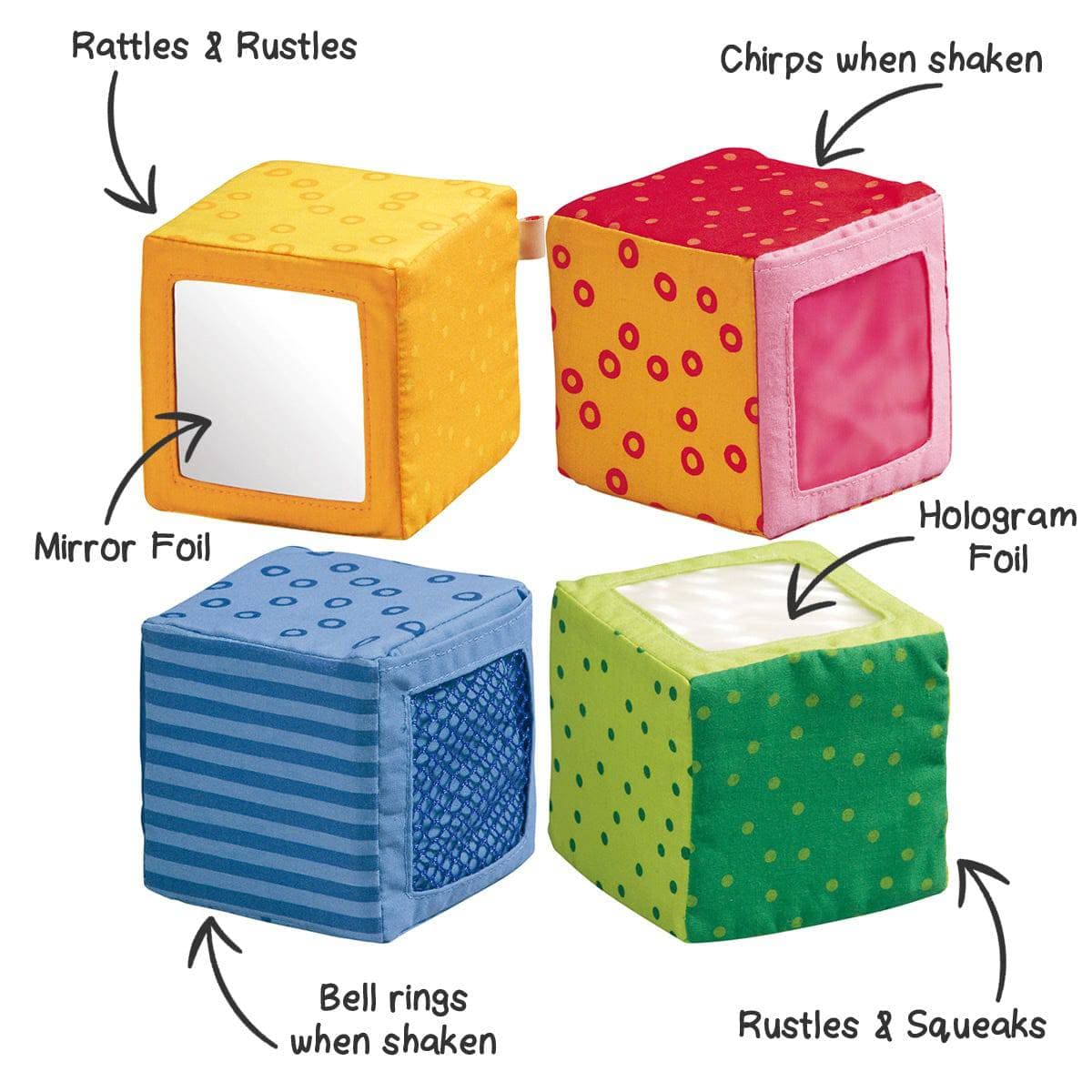 Four colorful cubes with different textures and sounds labeled on a white background