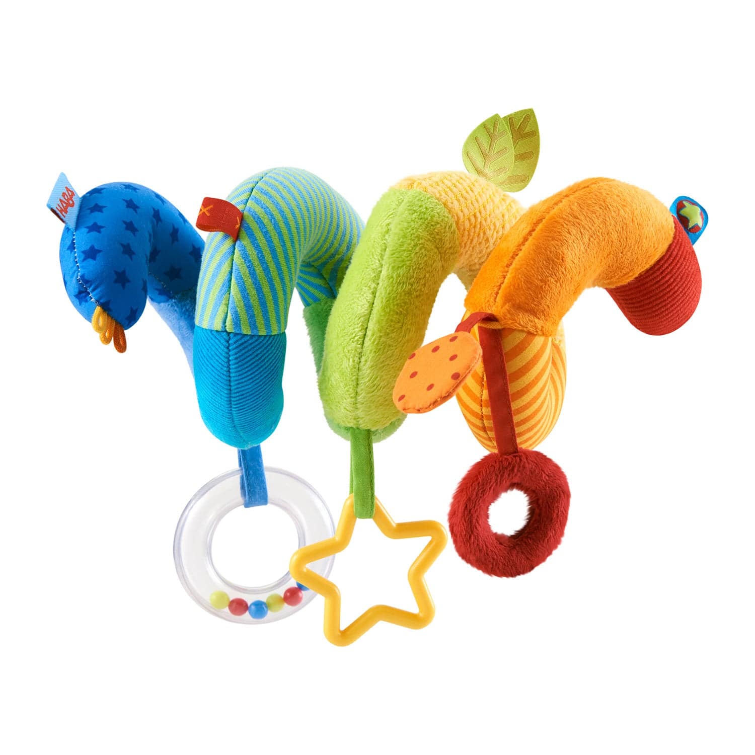 Colorful baby toy with hanging elements on a white background