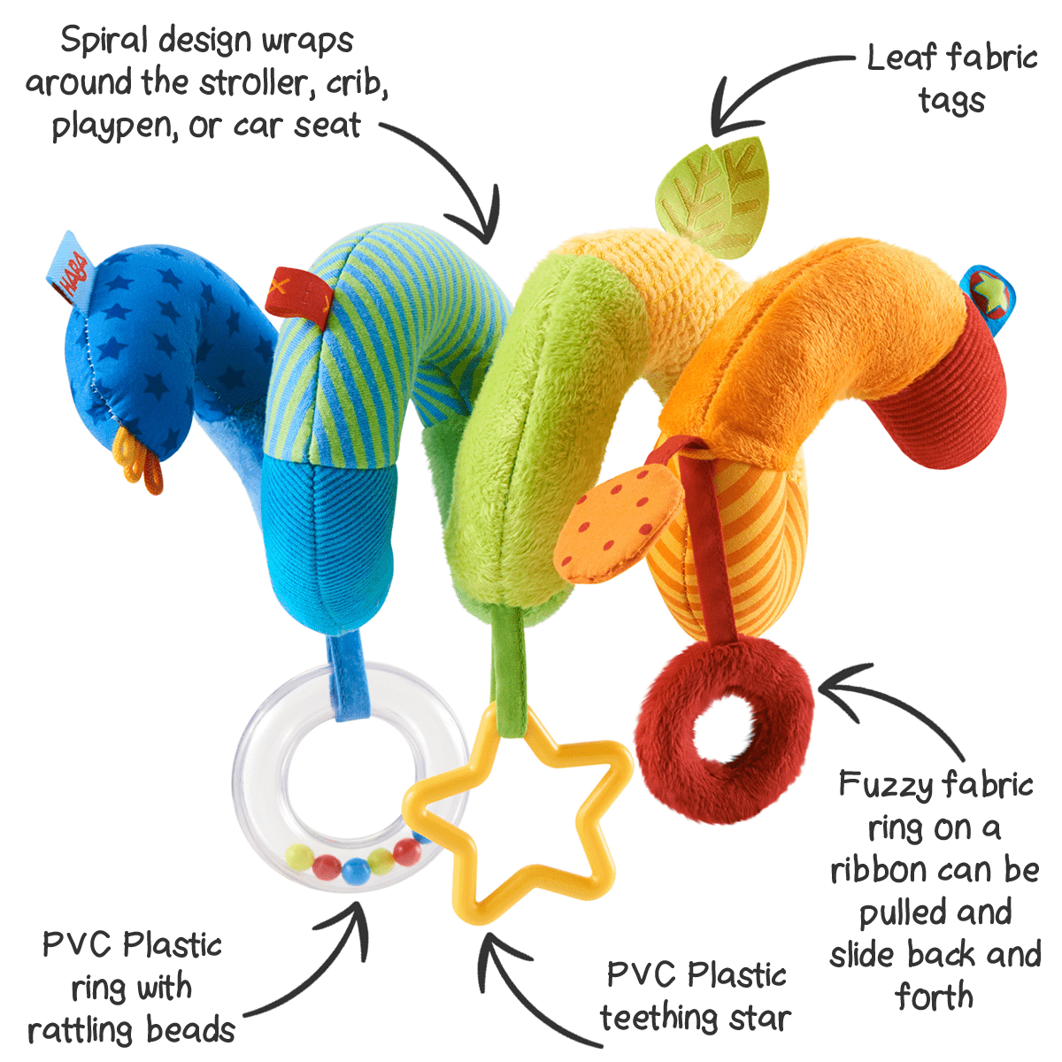 Colorful baby toy with spiral design, leaf tags, and rattle features on a white background