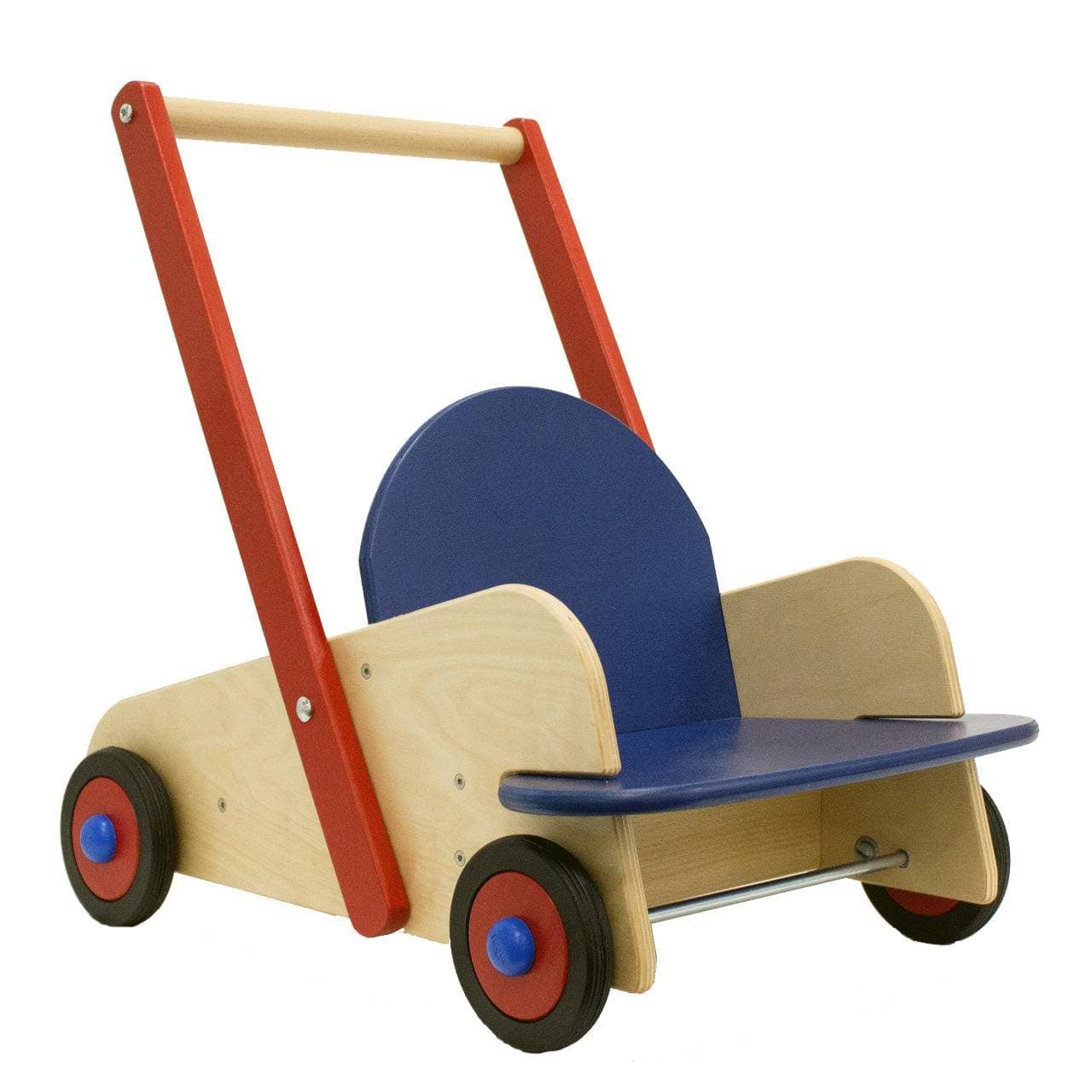 Children's wooden push toy with blue seat and red handle on a white background