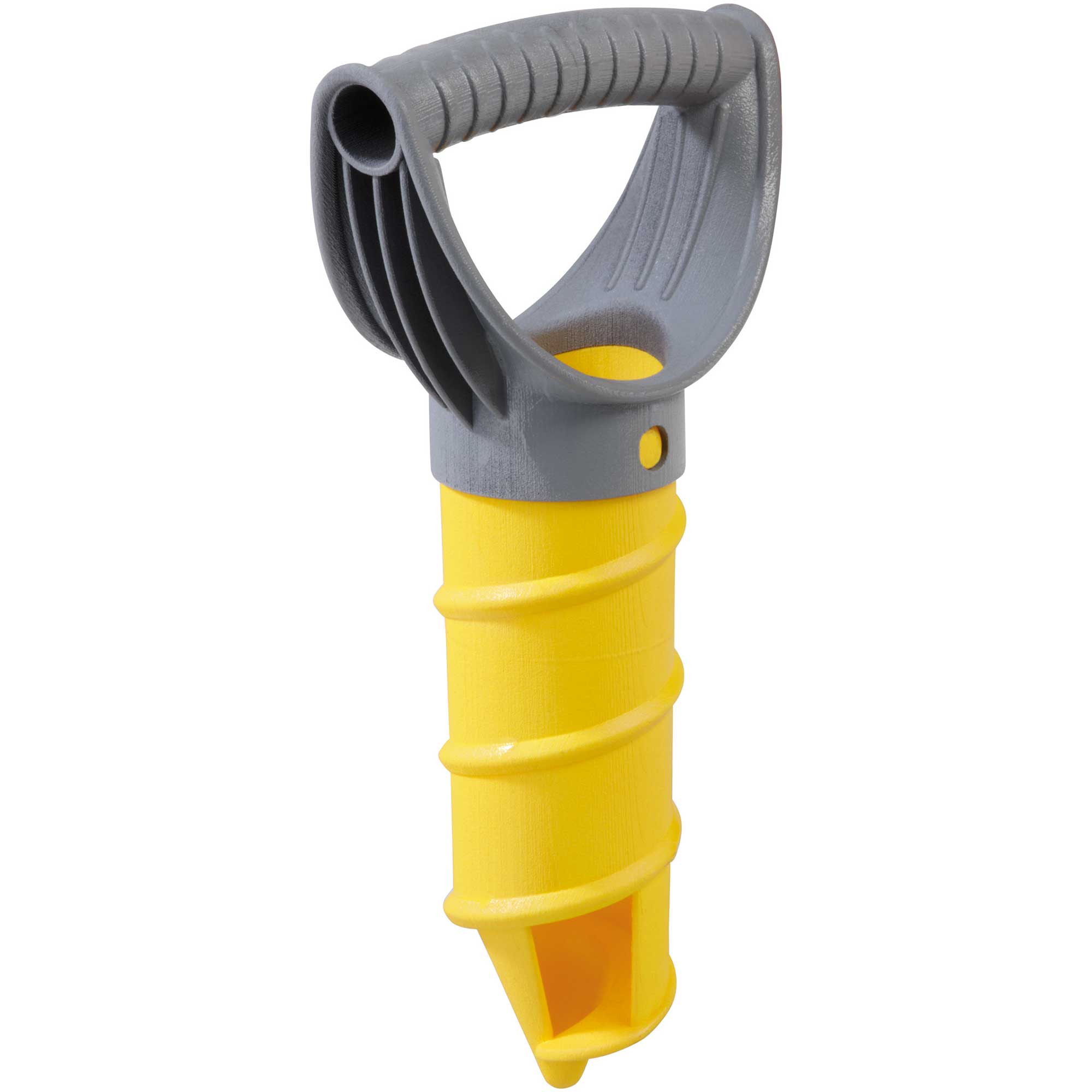 Yellow and gray tool with a handle on a white background