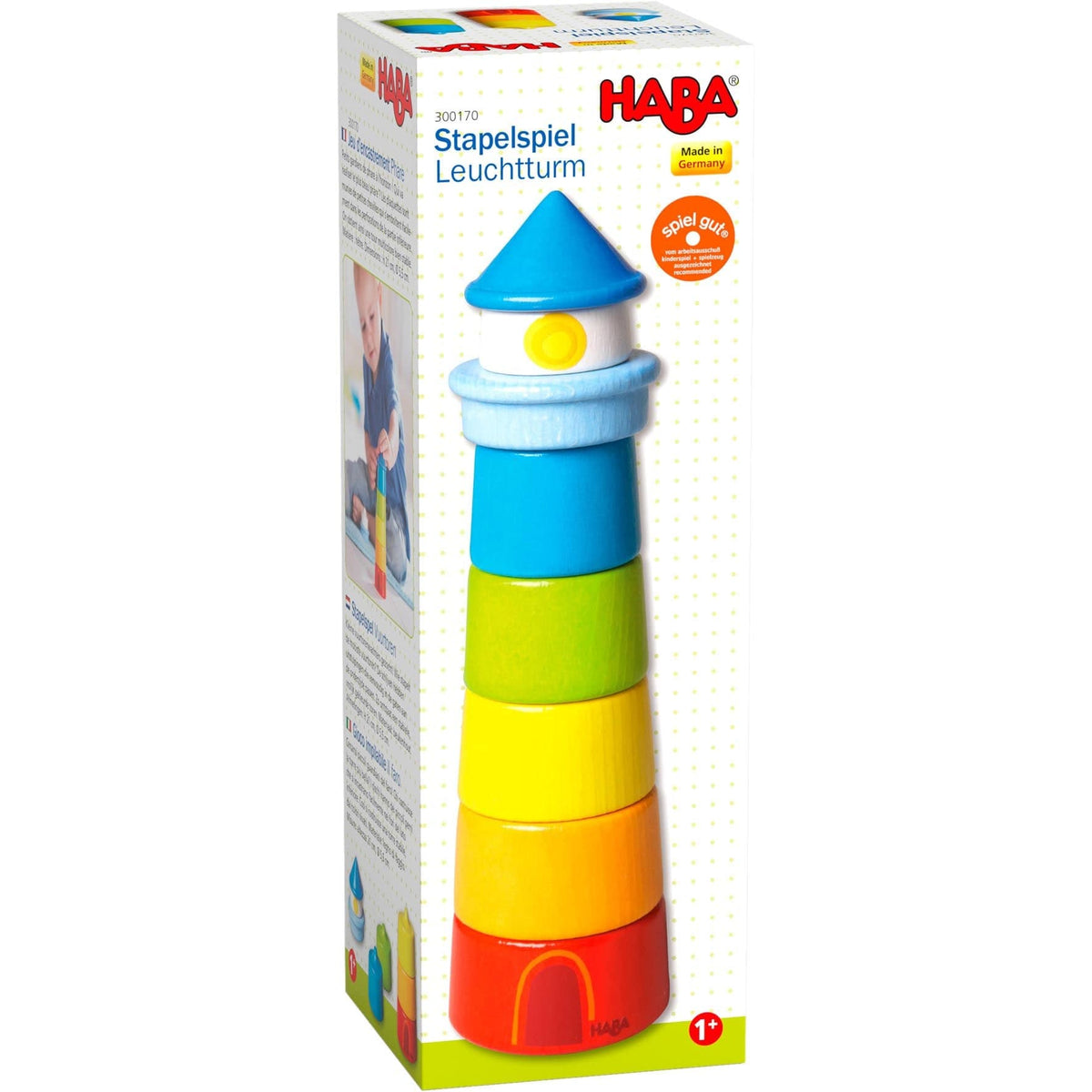 HABA toy packaging with a colorful stackable tower toy
