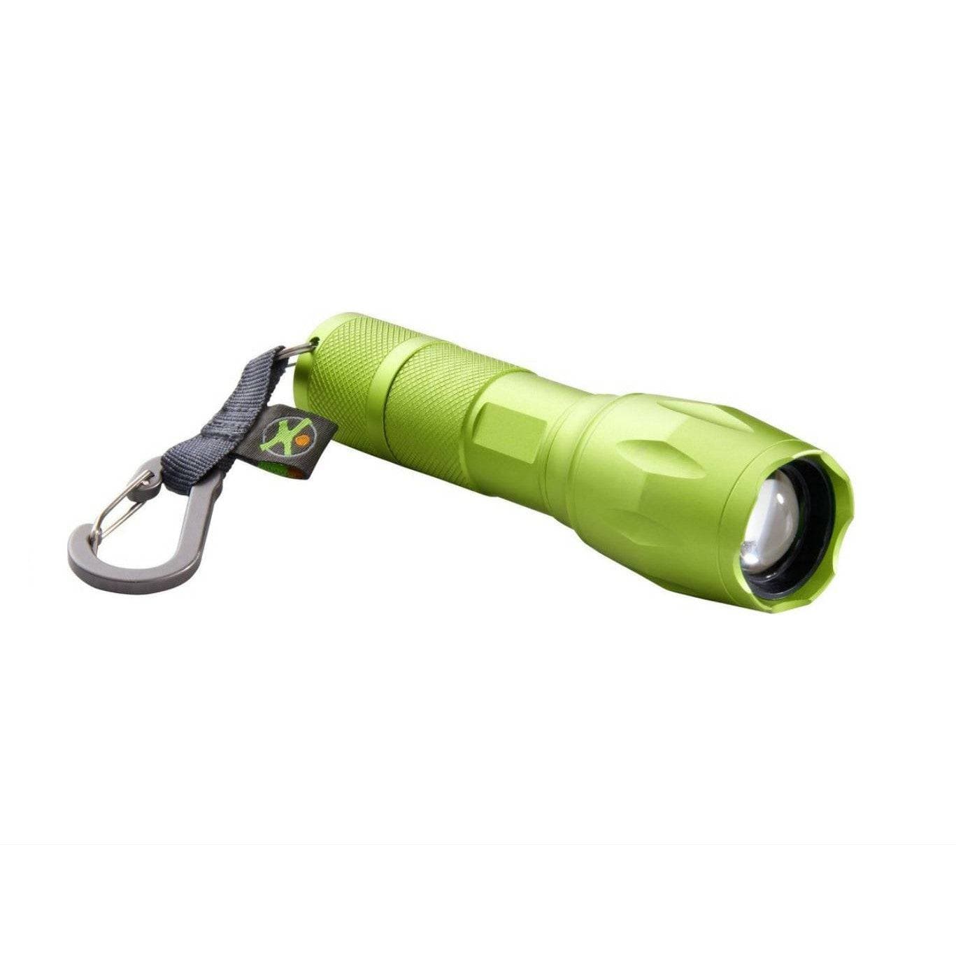 Green flashlight with a carabiner on a white background