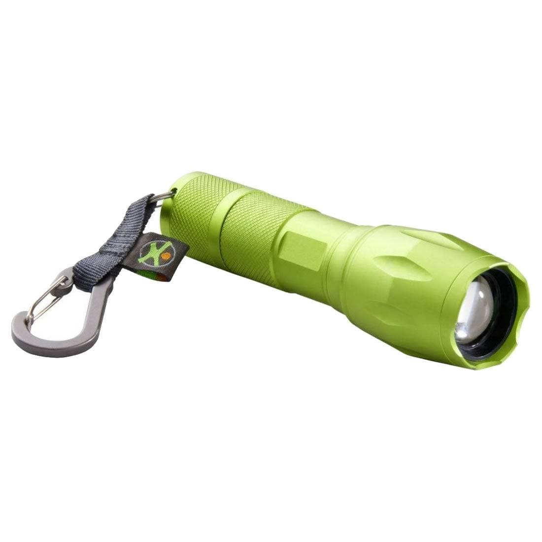 Green flashlight with carabiner on a white background