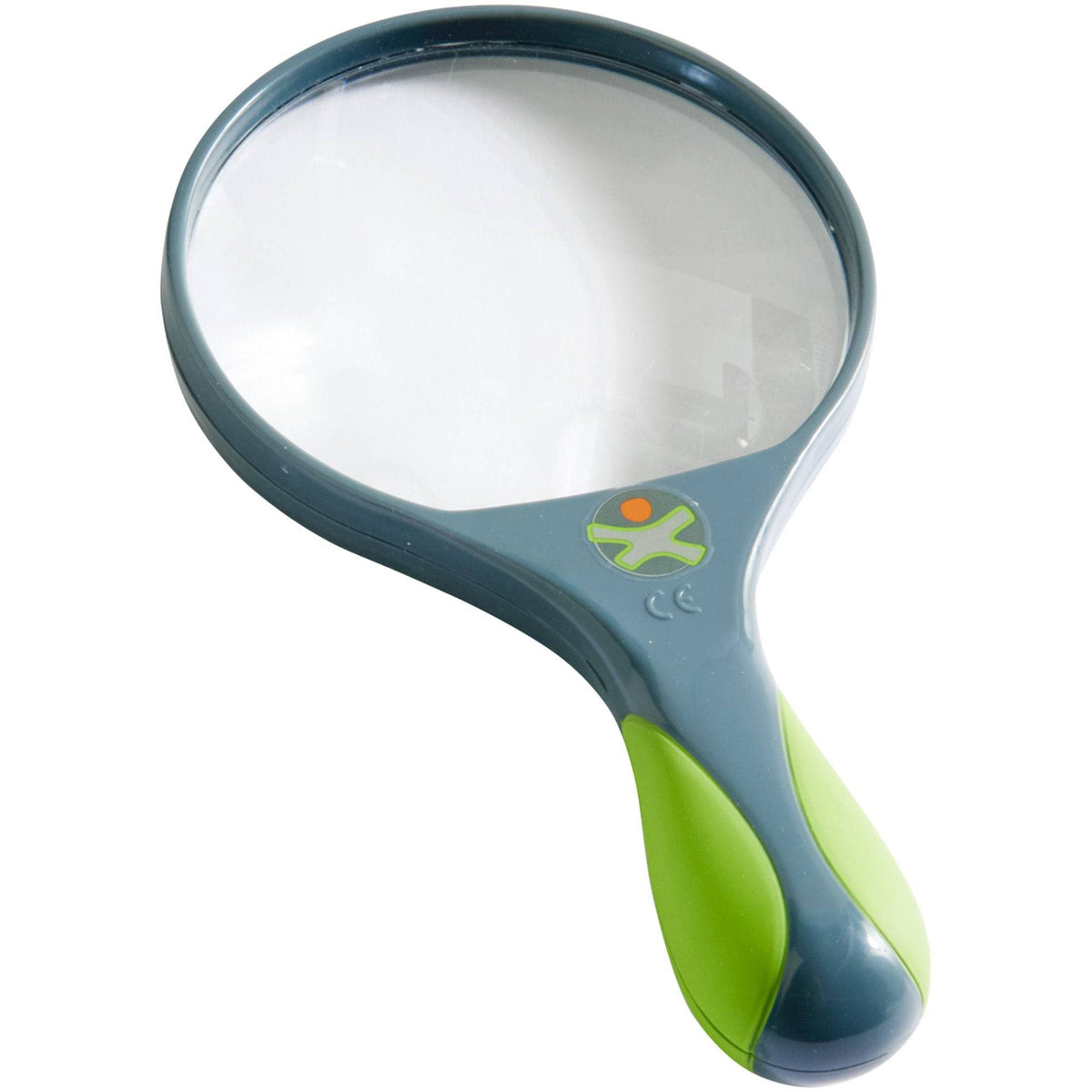 Magnifying glass with a green and blue handle on a white background