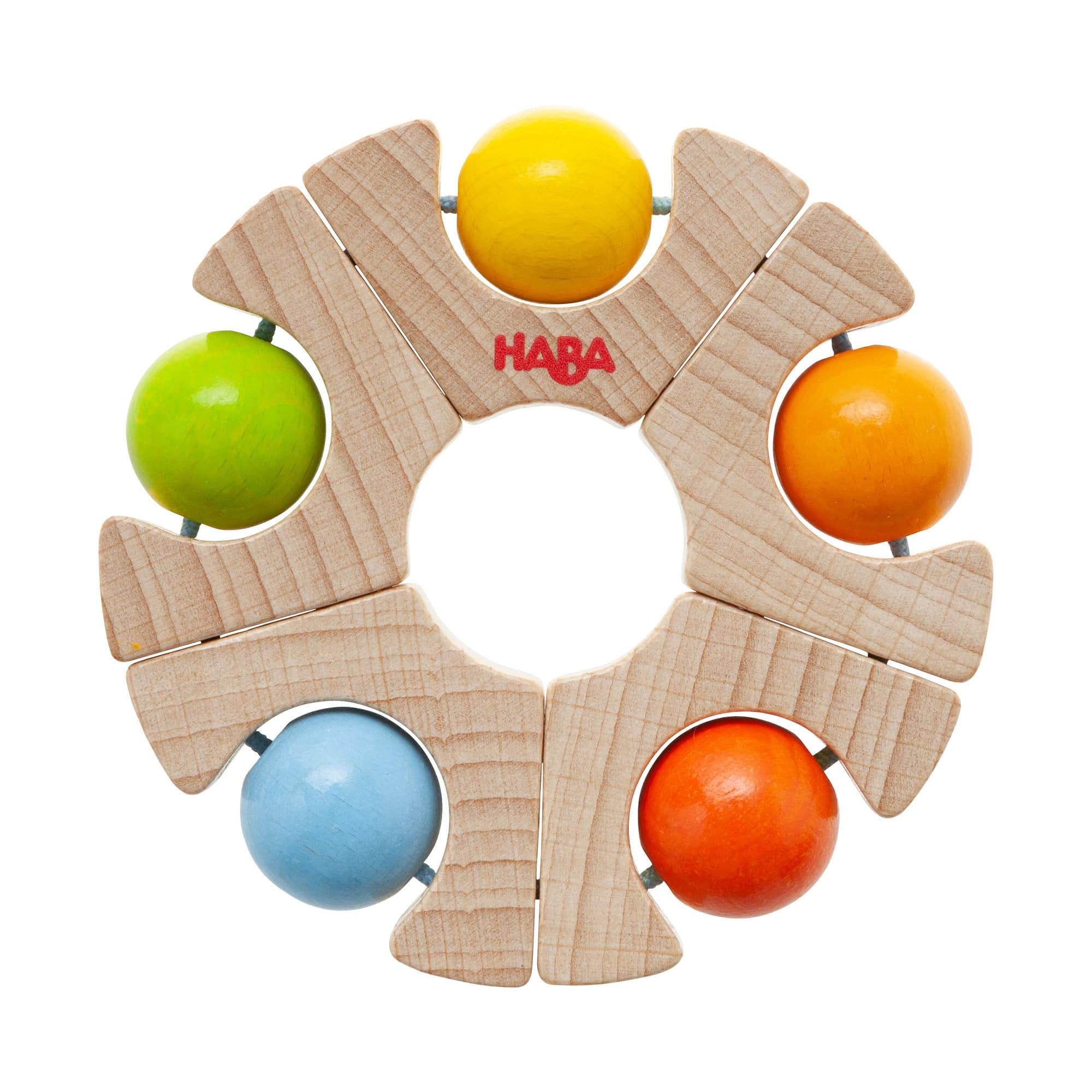 Wooden toy with colorful beads and HABA logo on a white background