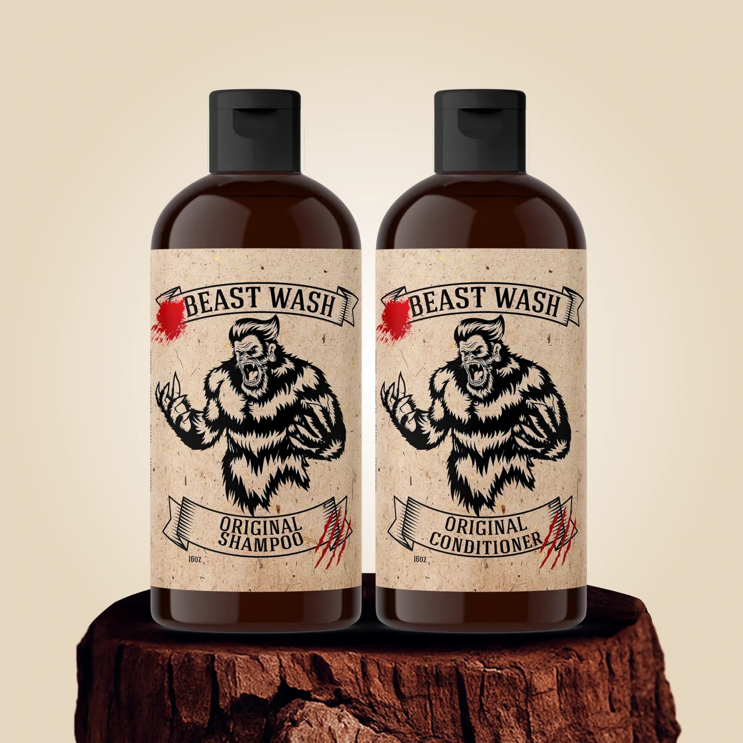 Two 'Beast Wash' shampoo and conditioner bottles on a wooden block with a beige background.