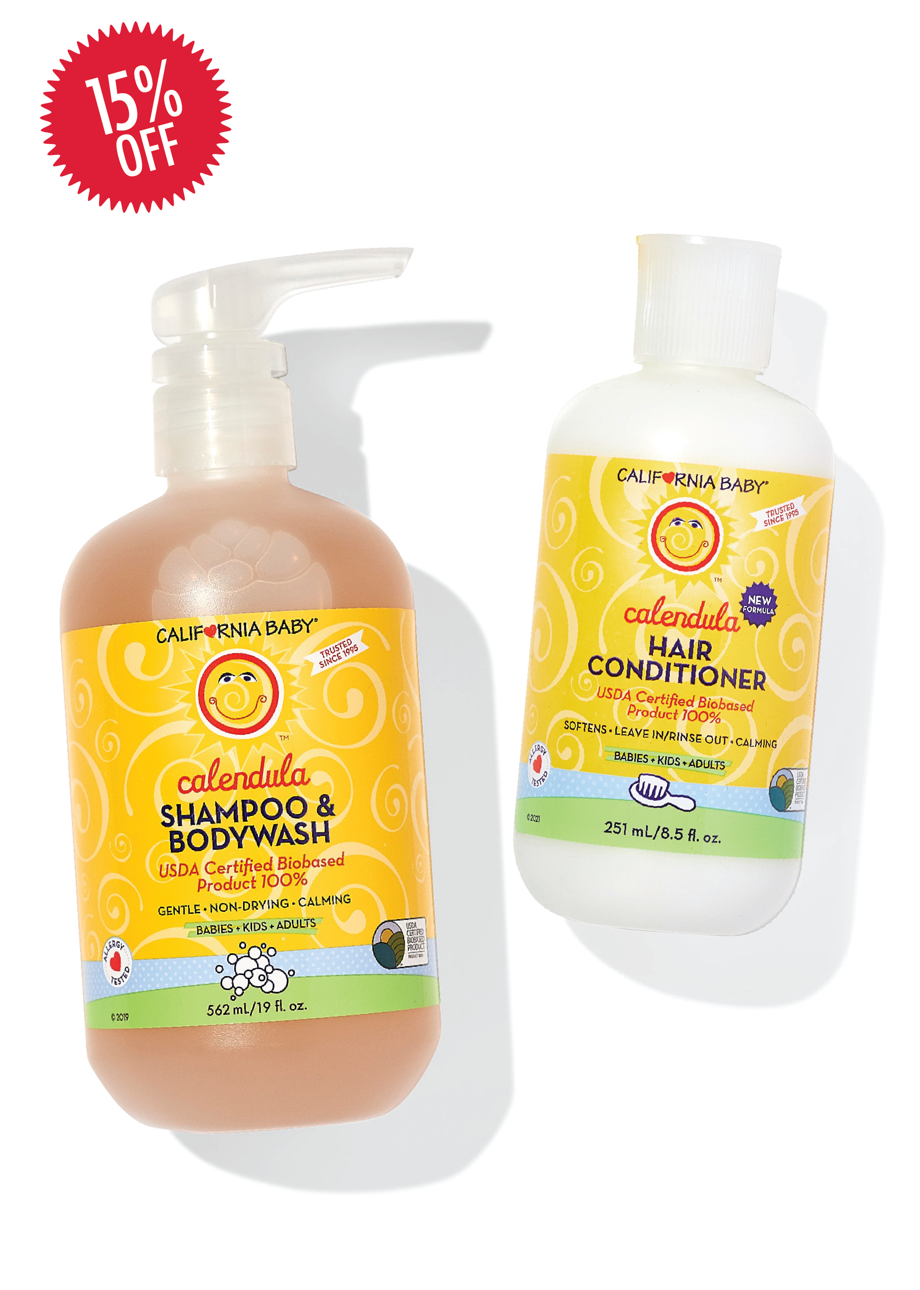 California Baby shampoo and bodywash with hair conditioner on a white background, featuring a 15% off label.