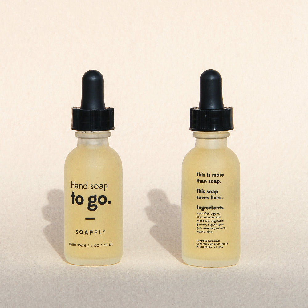 Soapply frosted hand soap dropper bottle front and back