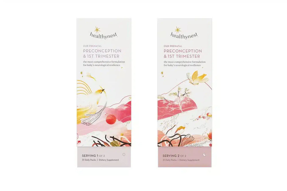 Two boxes of 'Healthyvest' preconception and 1st trimester supplement on a white background