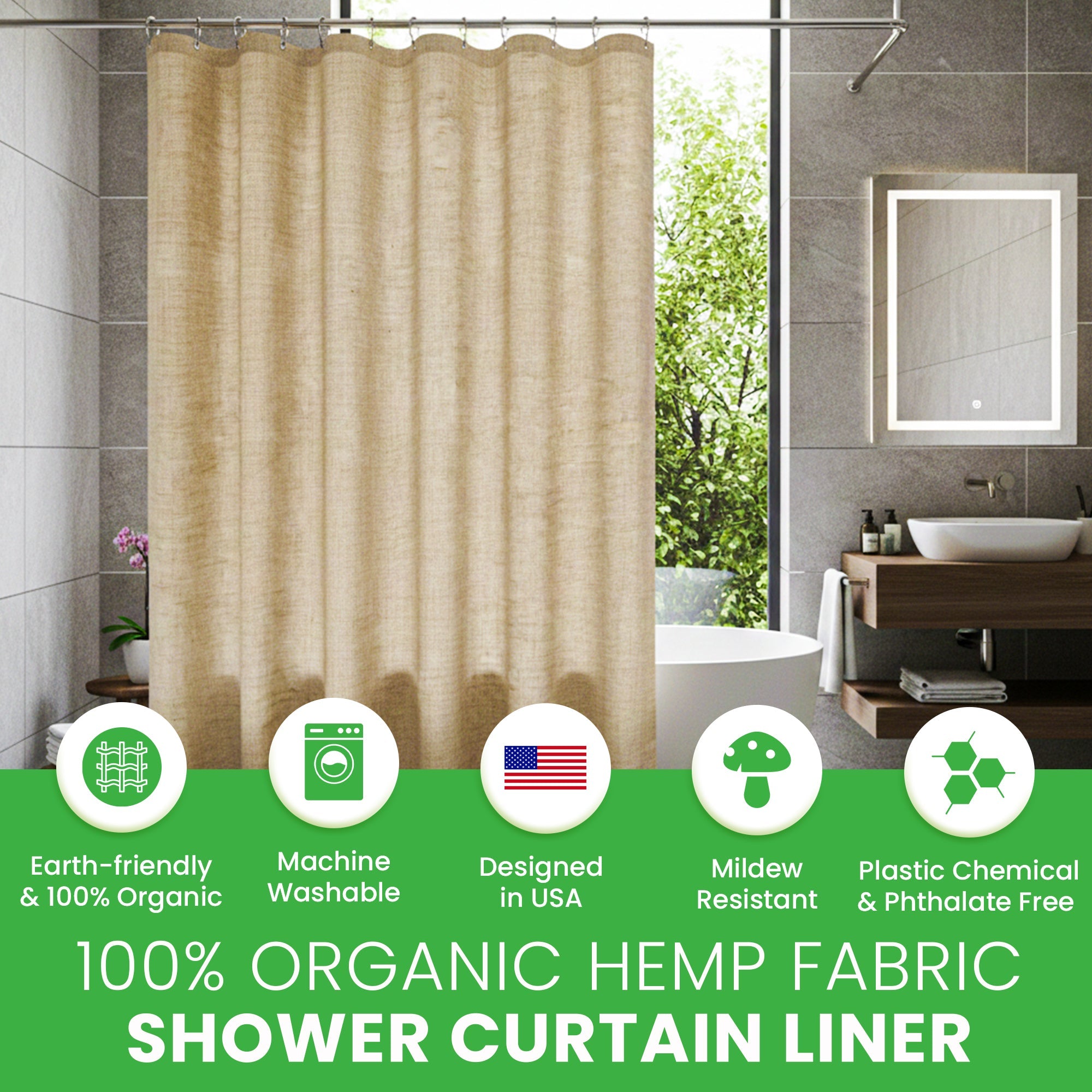 Bean Products Hemp Shower Curtain – Bath, Tub + Stall Sizes – Made in USA