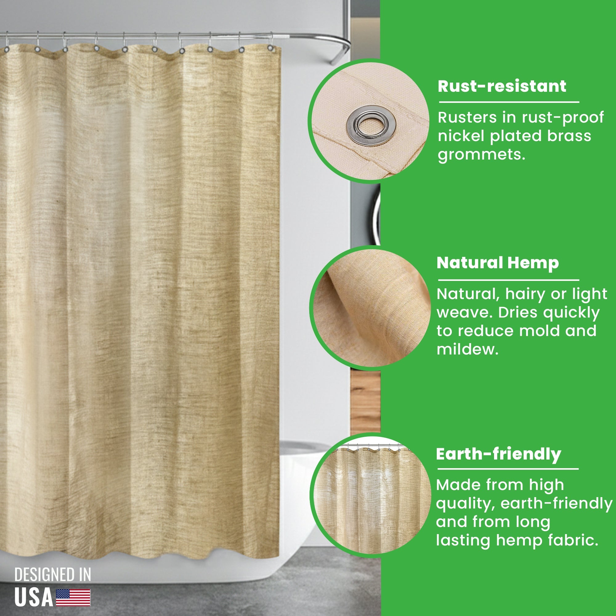 Bean Products Hemp Shower Curtain – Bath, Tub + Stall Sizes – Made in USA
