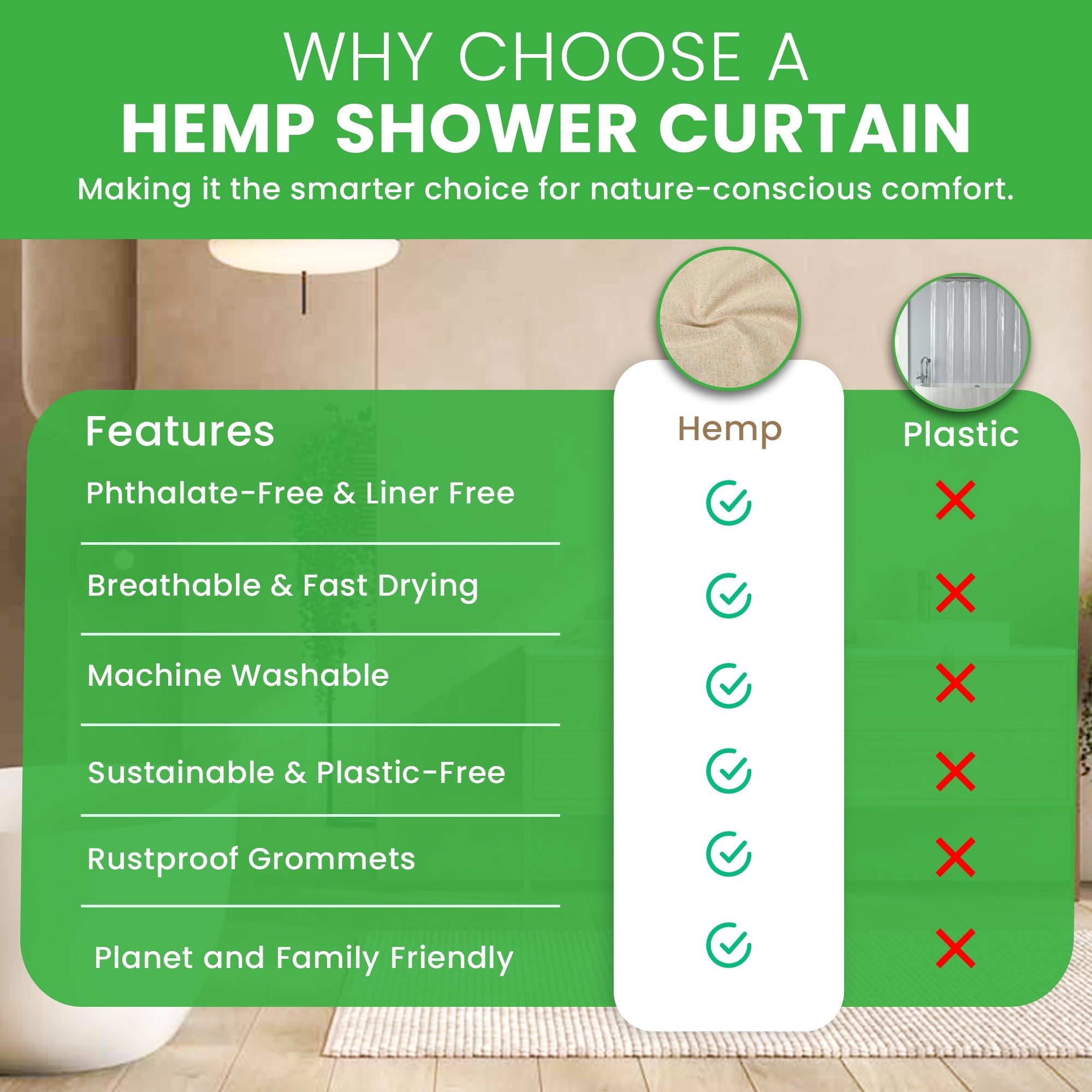 Bean Products Hemp Shower Curtain – Bath, Tub + Stall Sizes – Made in USA