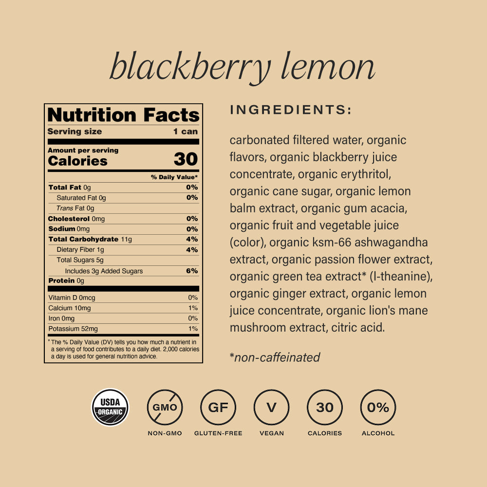 Nutrition facts and ingredients list for a product labeled 'blackberry lemon' on a beige background.