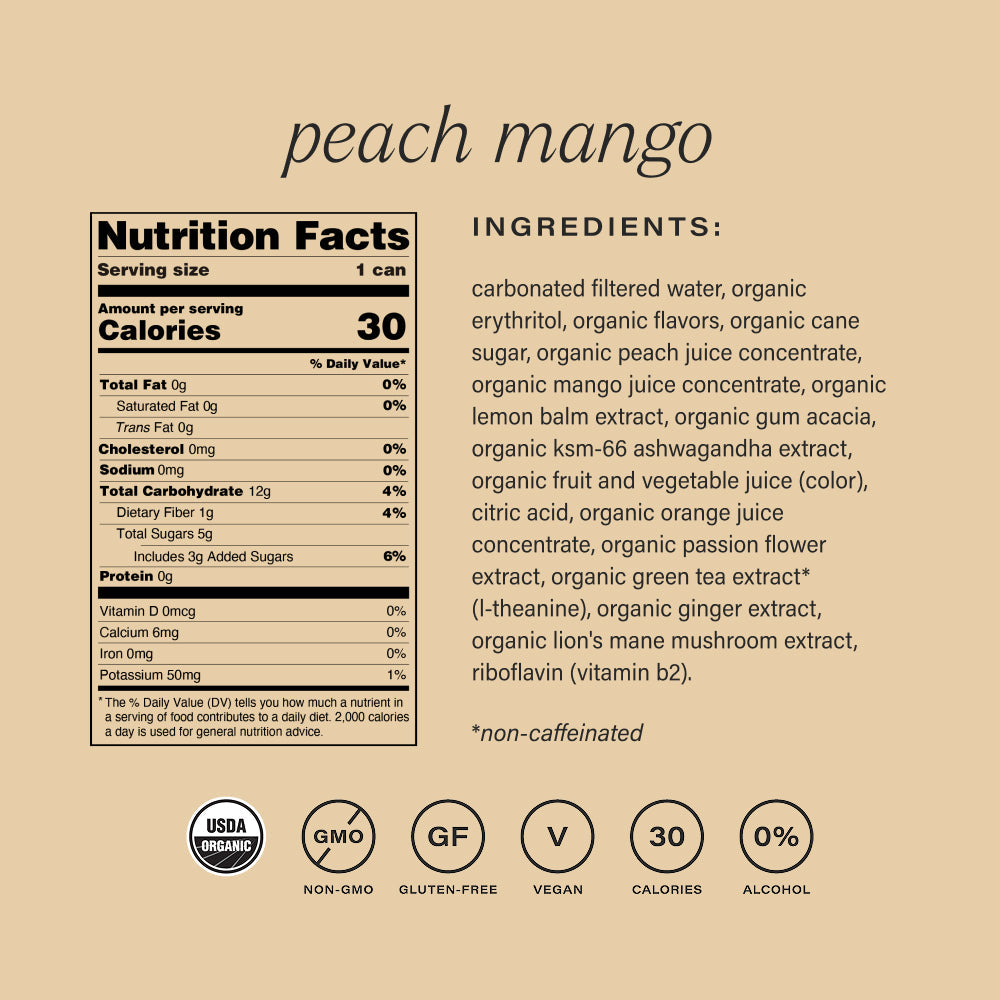 Nutrition facts and ingredients list for peach mango flavor on a beige background