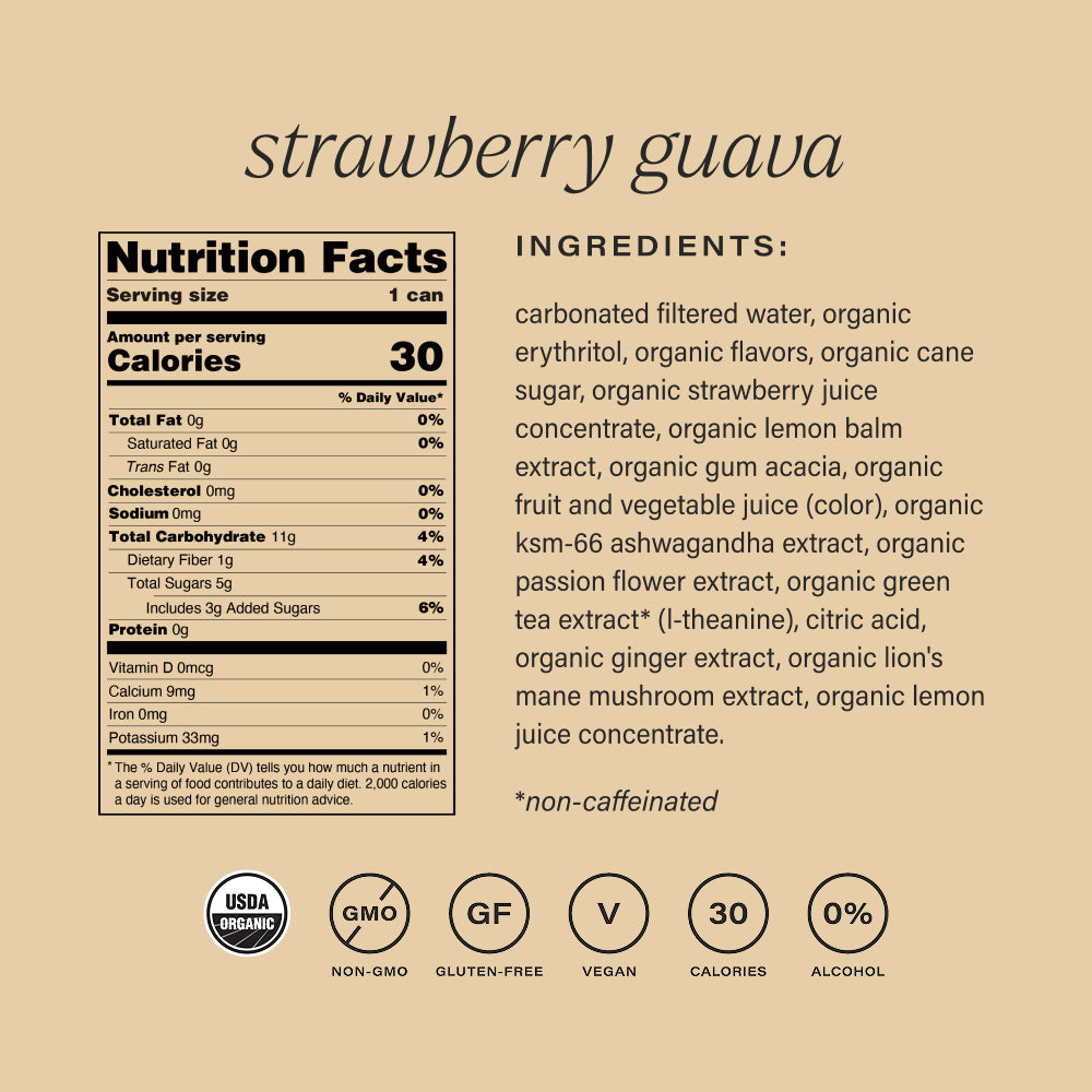 Nutrition facts and ingredients list for strawberry guava product on a beige background