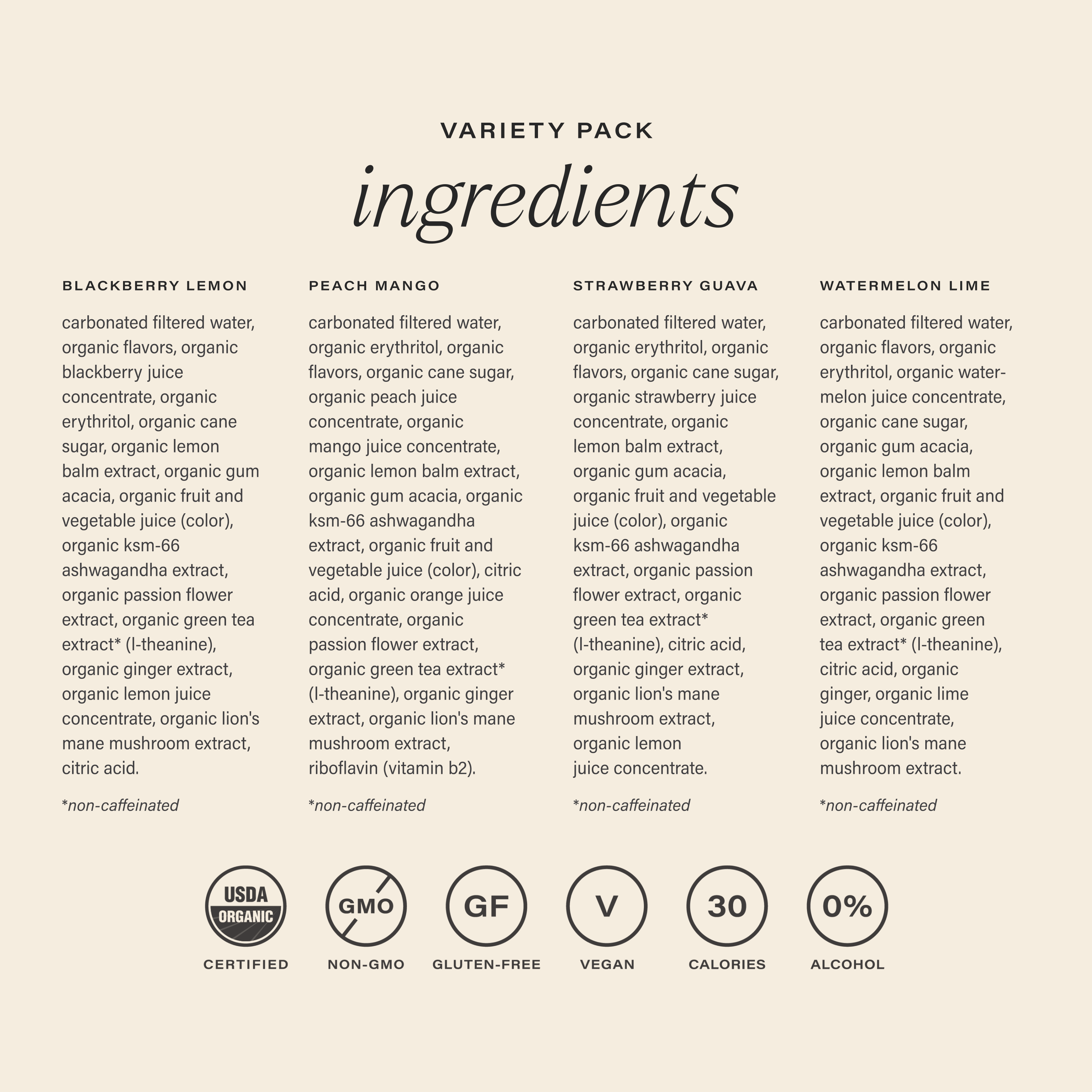 Ingredients list for a variety pack of drinks on a beige background