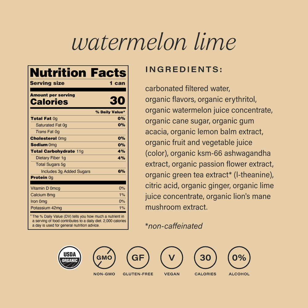 Nutrition facts and ingredients list for a watermelon lime flavored drink on a beige background.