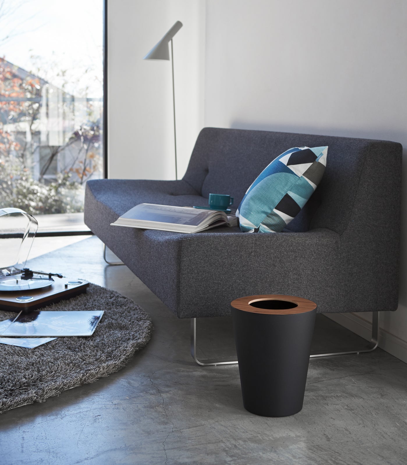 Yamazaki Home Trash Can - Round - Steel + Wood