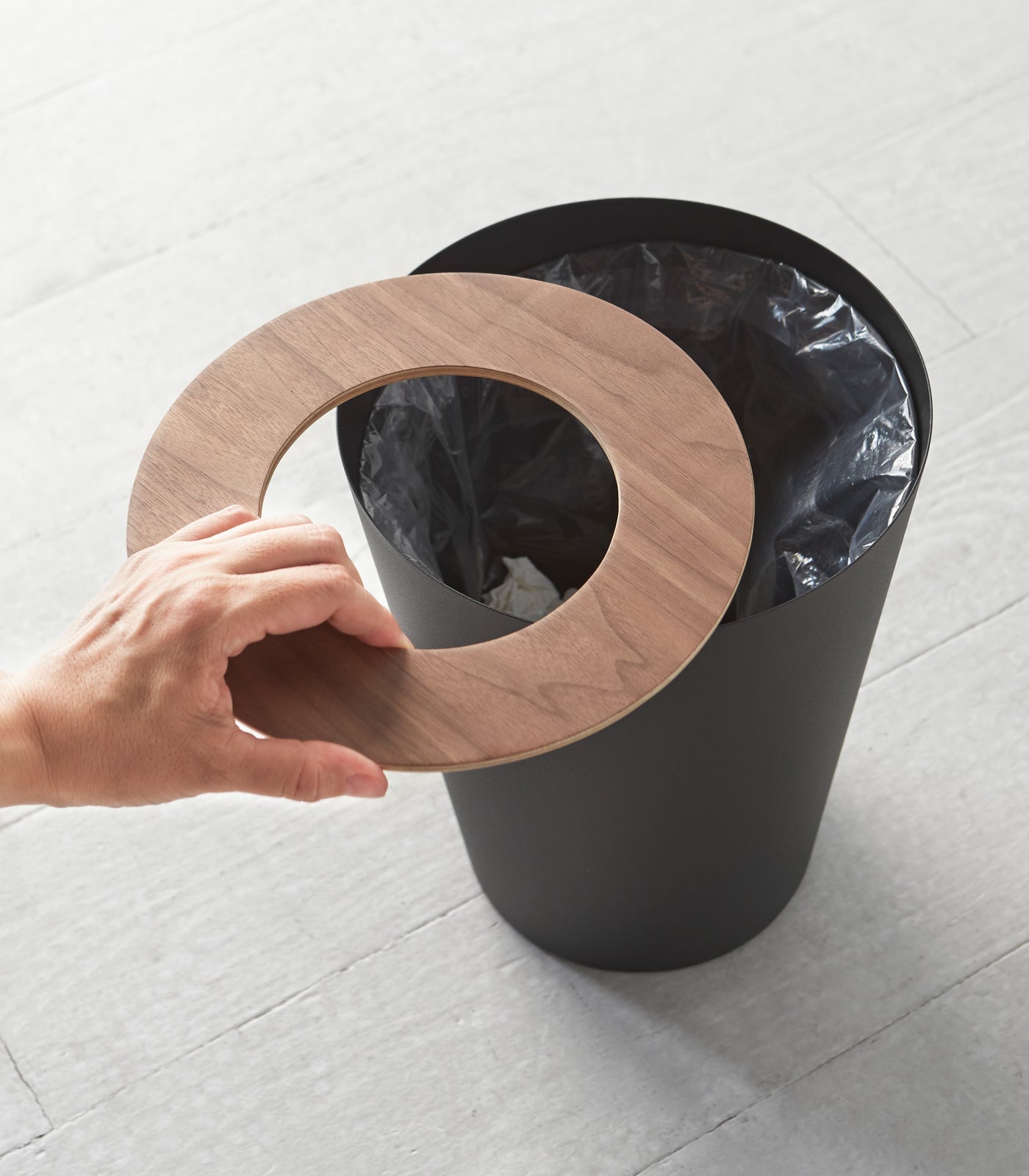 Yamazaki Home Trash Can - Round - Steel + Wood