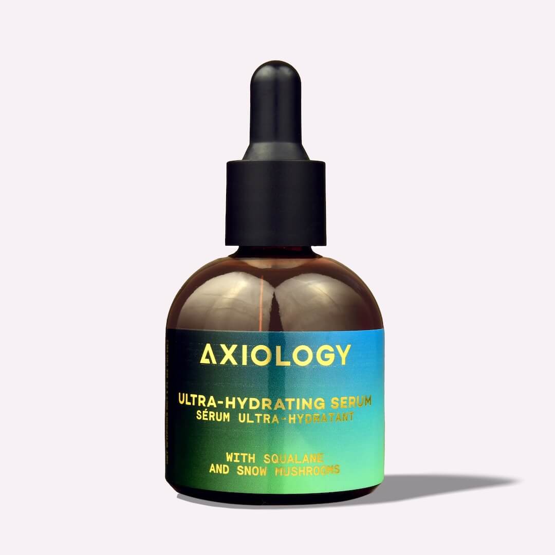 Axiology ultra-hydrating serum bottle with dropper on a white background