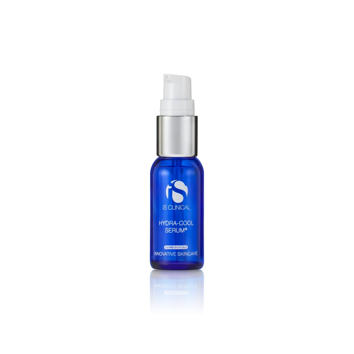 Blue serum bottle with white cap on a white background