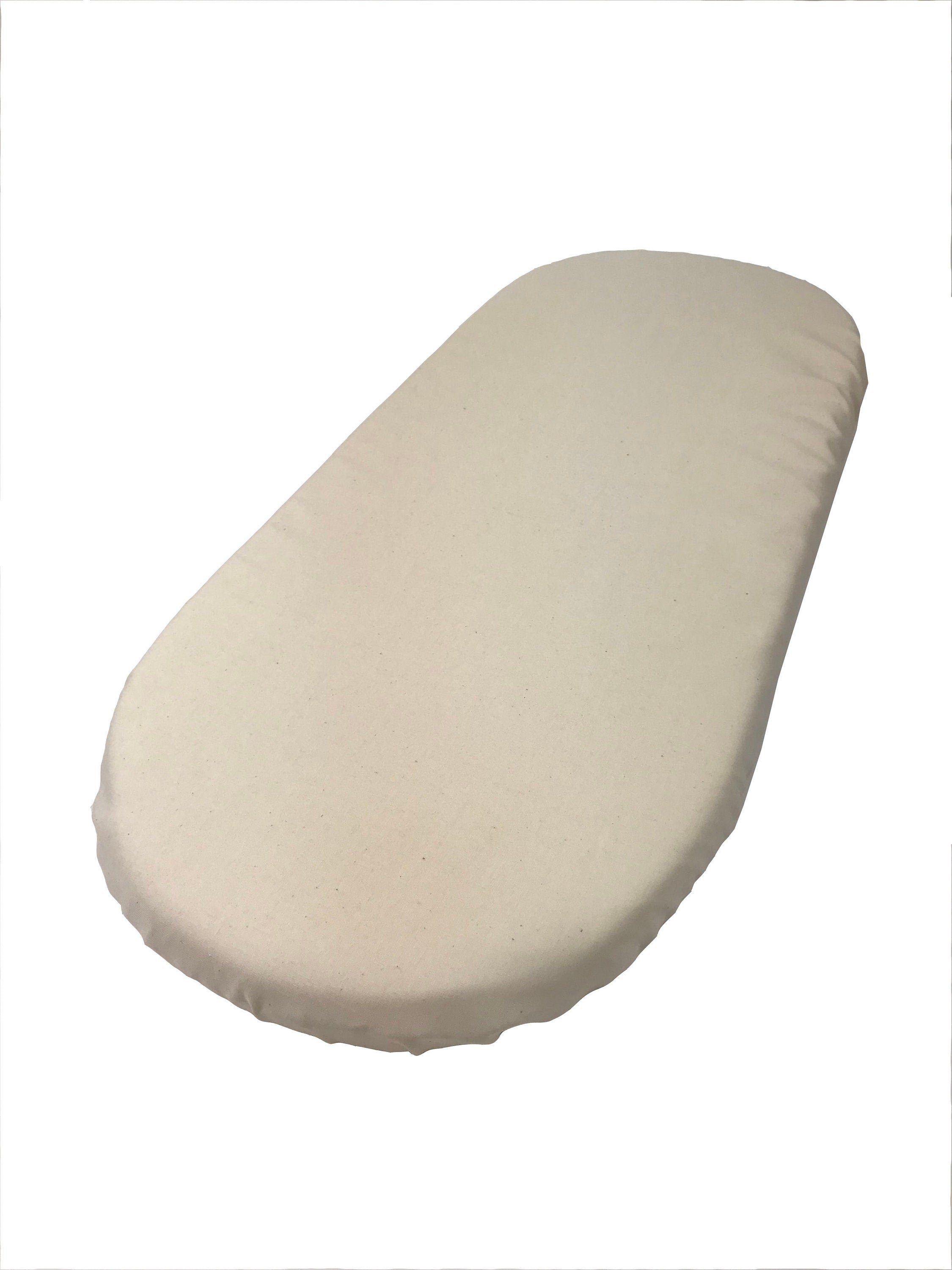Beige ironing board cover on a white background