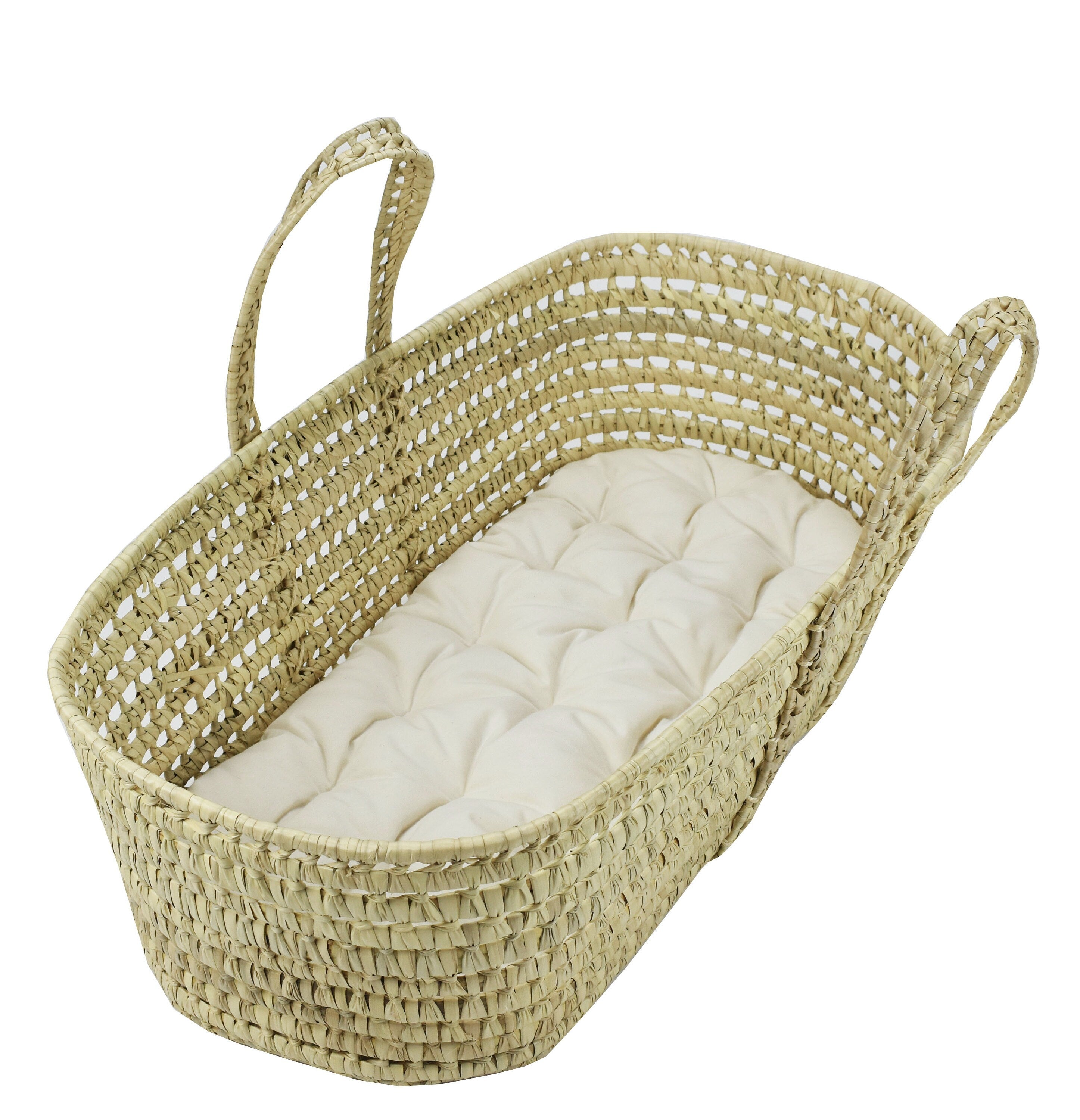 Woven baby crib with white cushion on a white background