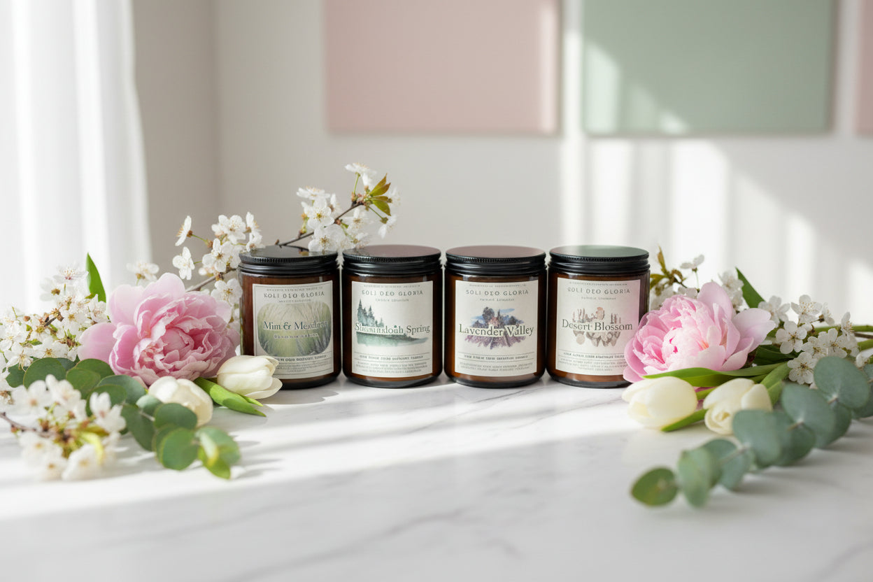 Four candles with labels on a white surface surrounded by flowers