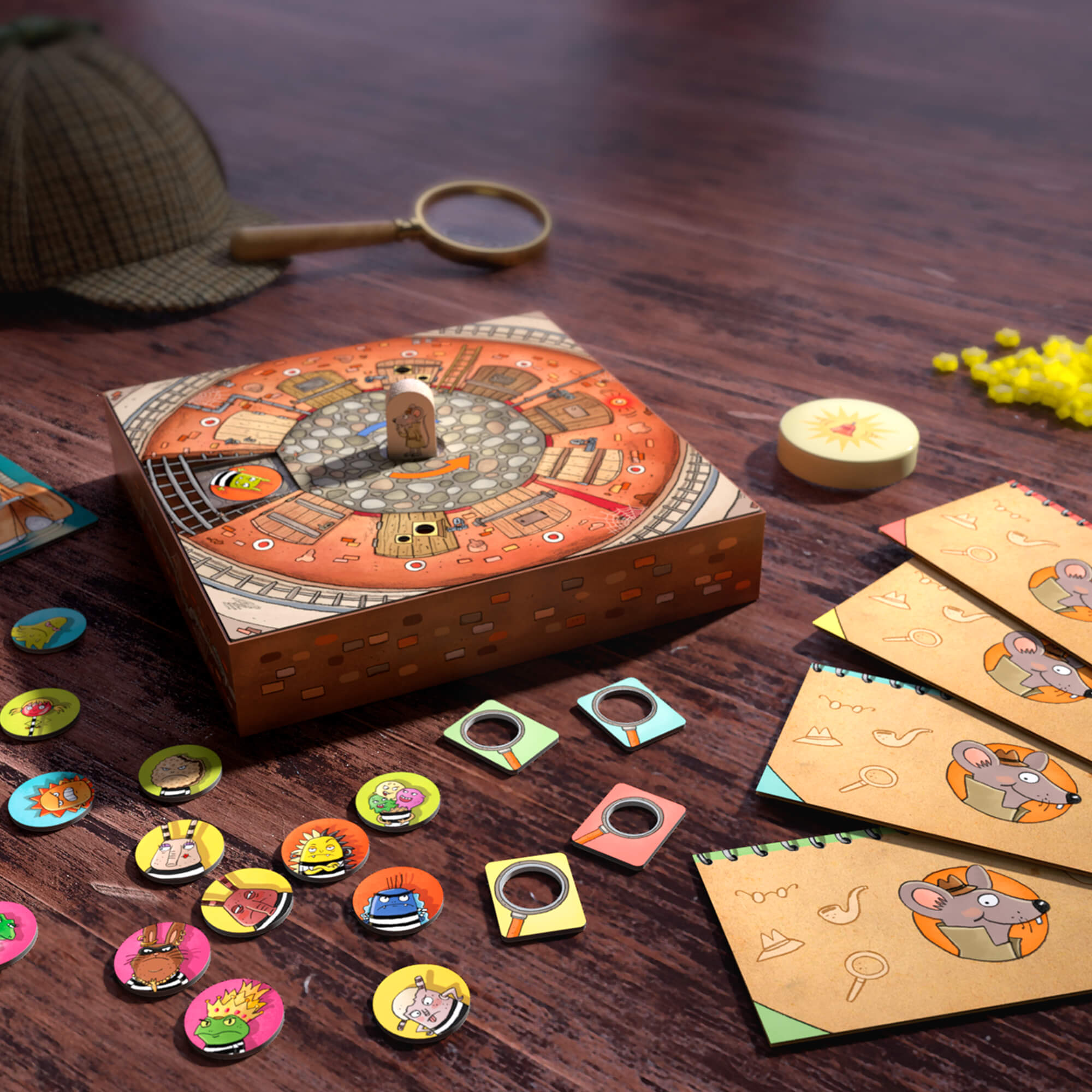 Board game with pieces and cards on a wooden surface