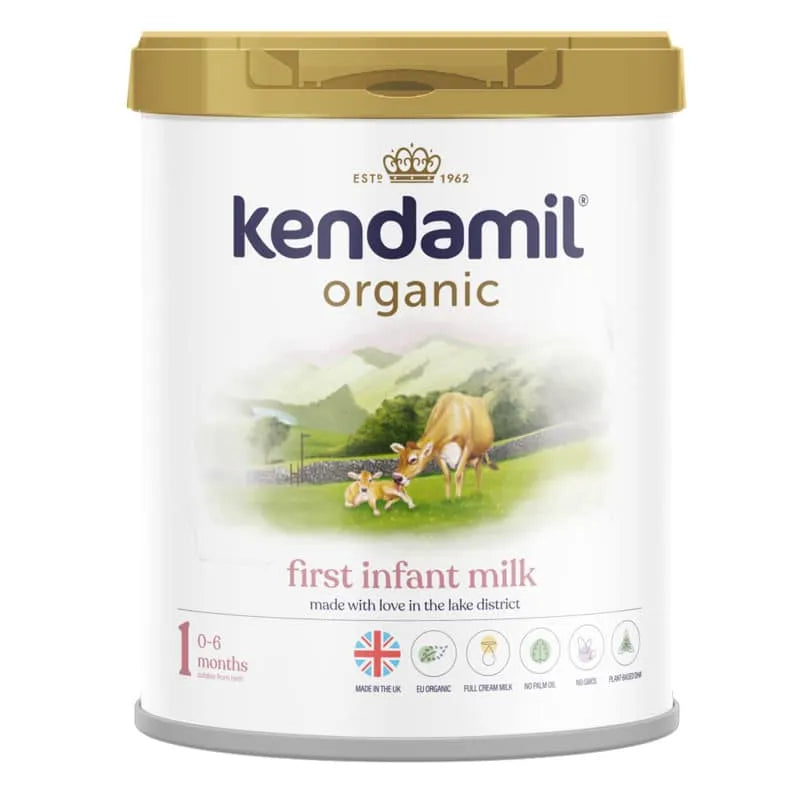 Kendamil organic first infant milk powder container on a white background