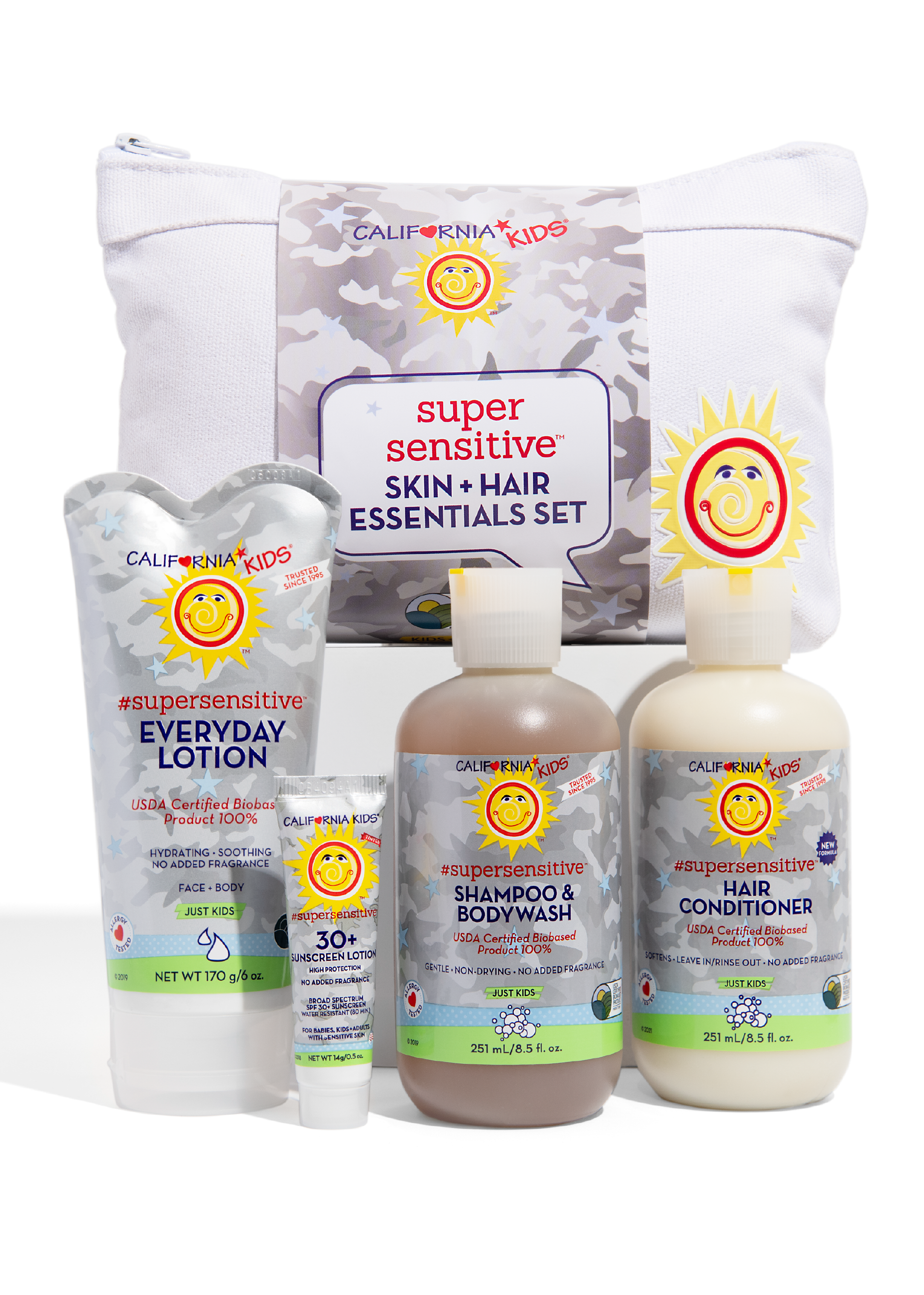 California Kids Super Sensitive Skin + Hair Essentials Set on a white background