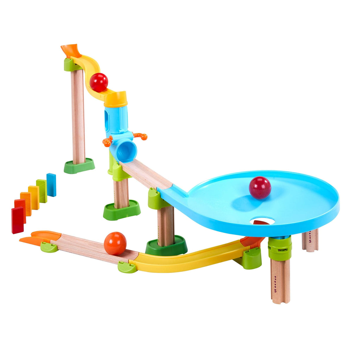 Colorful marble run toy with multiple tracks and red marbles on a white background
