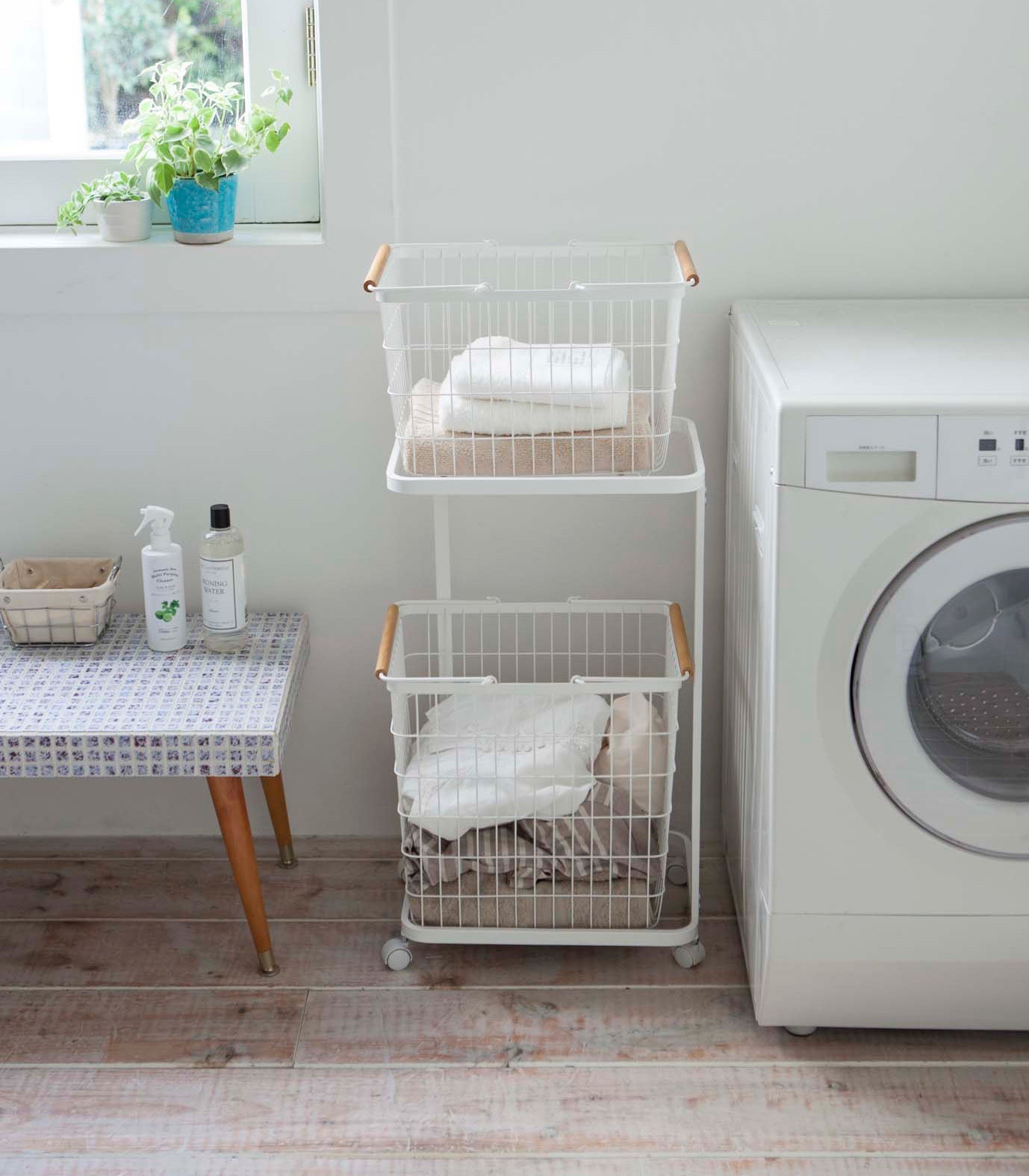 Yamazaki Home Rolling Laundry Cart + Wire Baskets (38" H)  - Steel + Wood