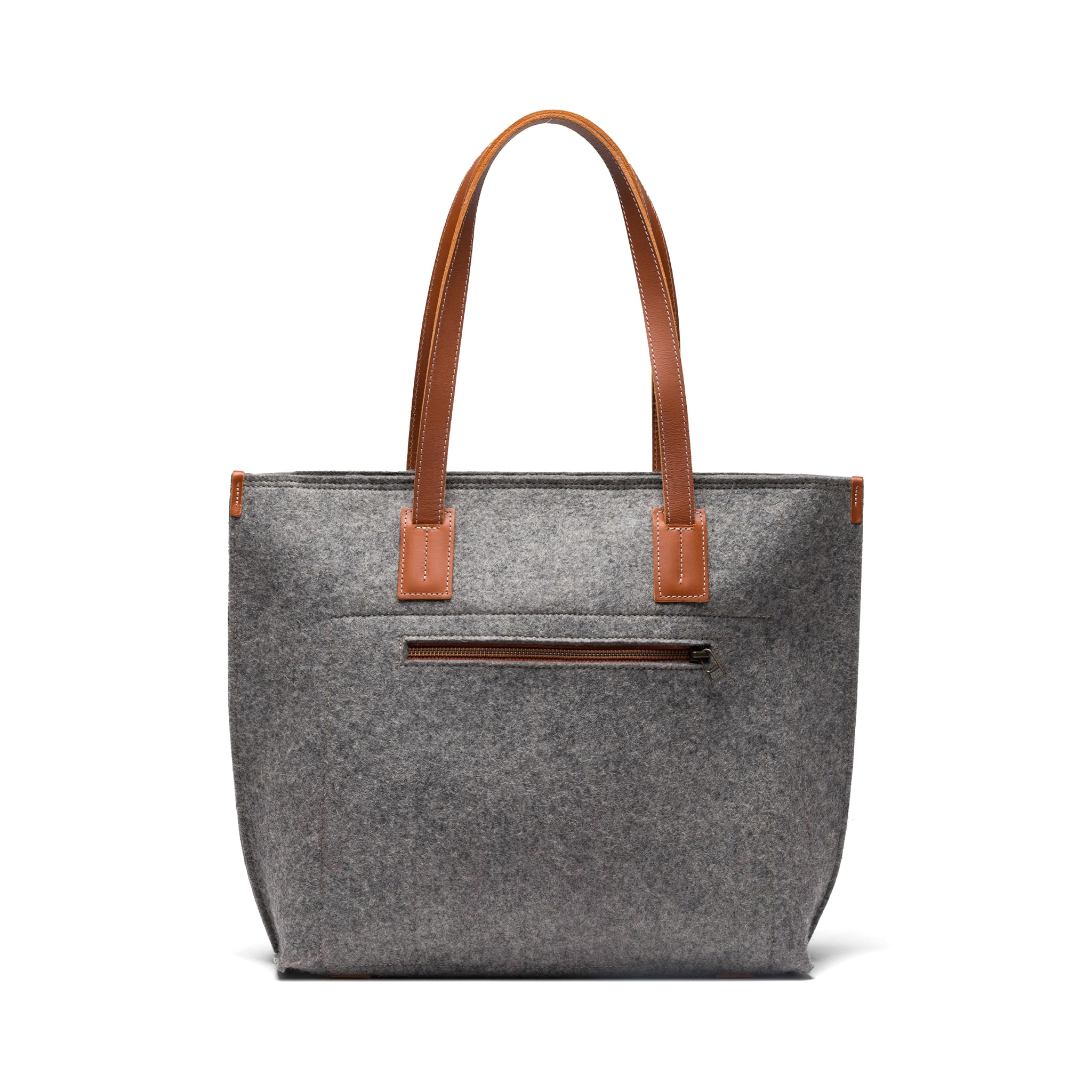 Gray tote bag with brown handles on a white background