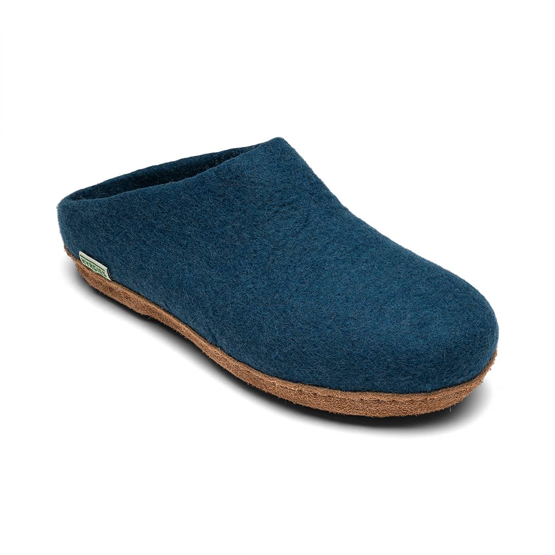 Blue slipper with a brown sole on a white background