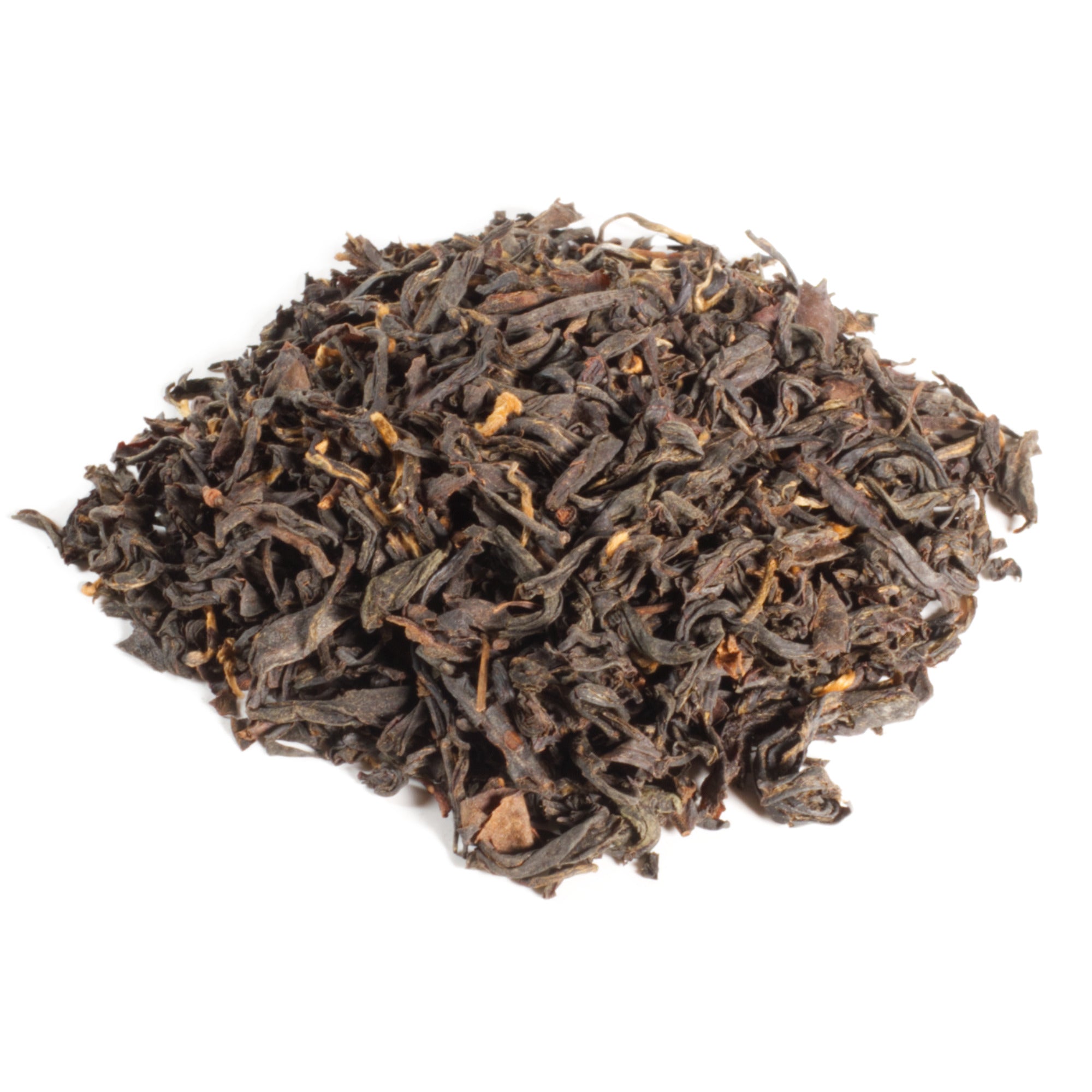 Dry black tea leaves on a white background