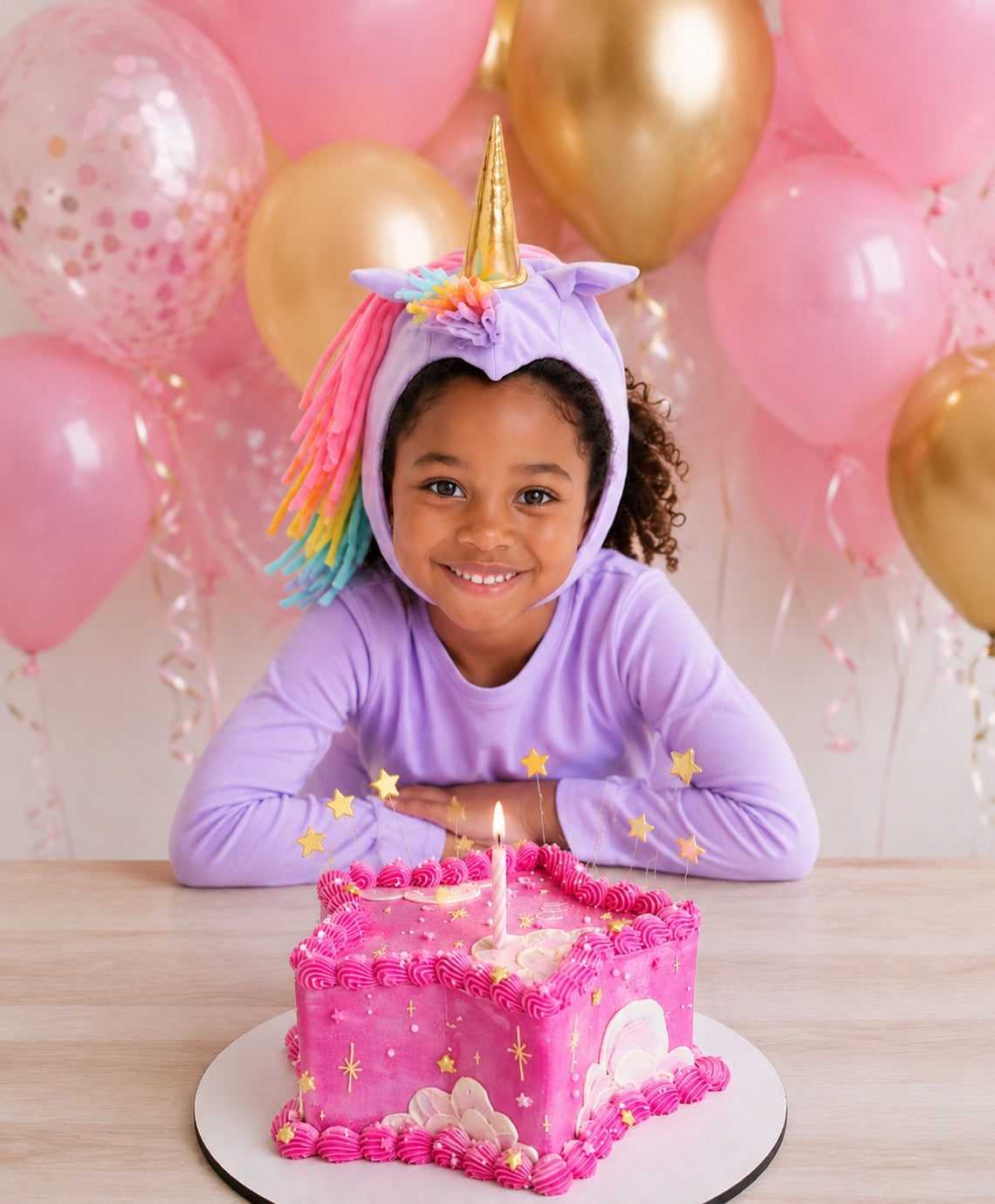 Child in a unicorn costume with a pink cake and balloons in the background