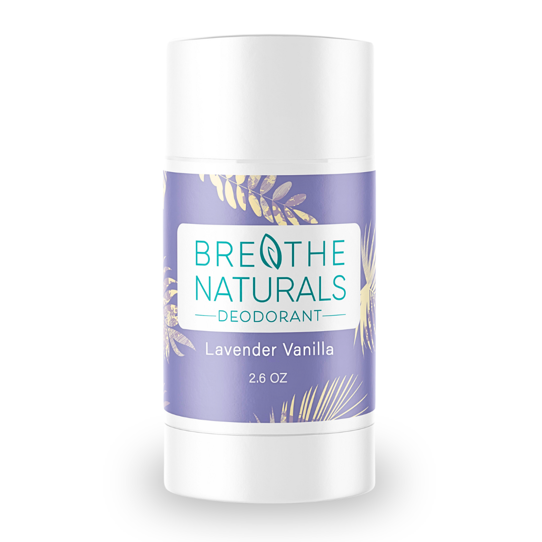 Breathe Naturals deodorant stick with lavender vanilla flavor on a white background