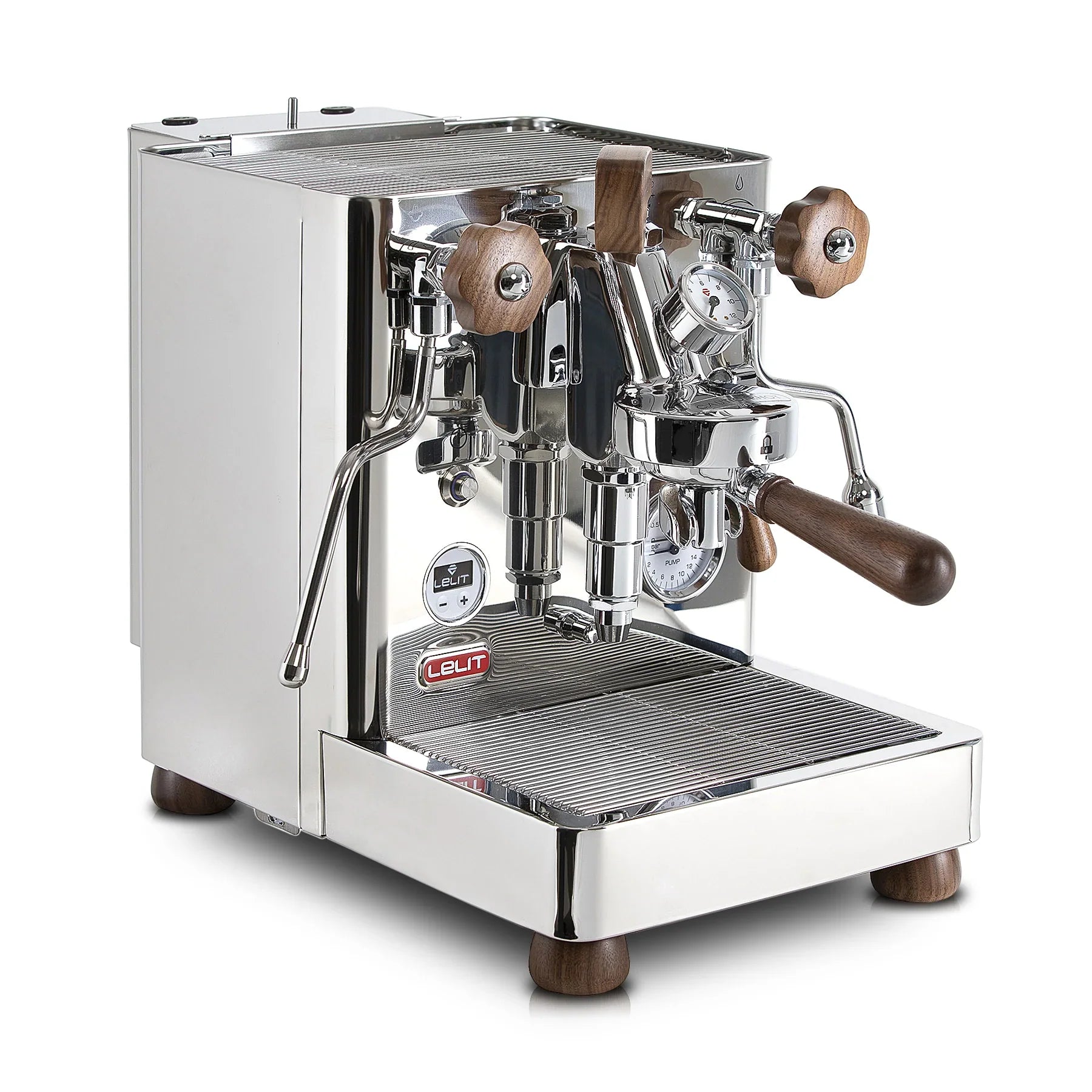 Espresso machine with wooden handles on a white background