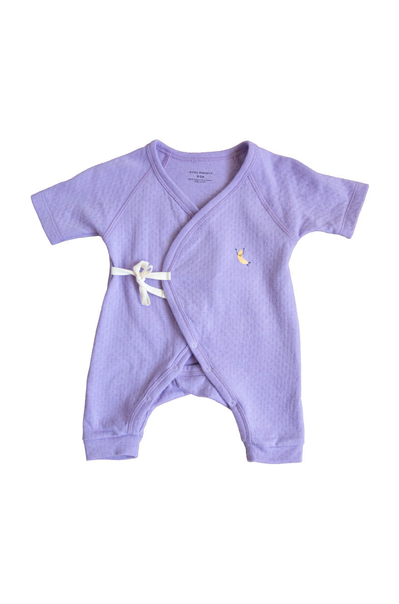 Dodo Banana lilac pointelle organic Pima cotton baby kimono onesie