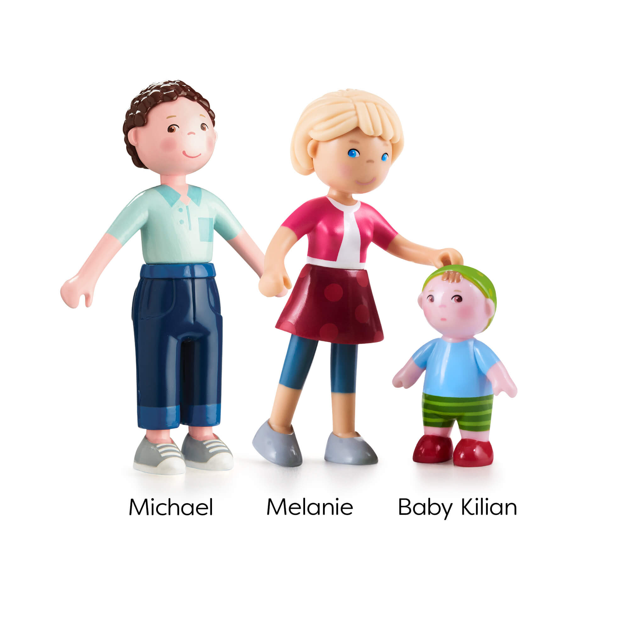 Three toy figures labeled 'Michael', 'Melanie', and 'Baby Kilian' on a white background.