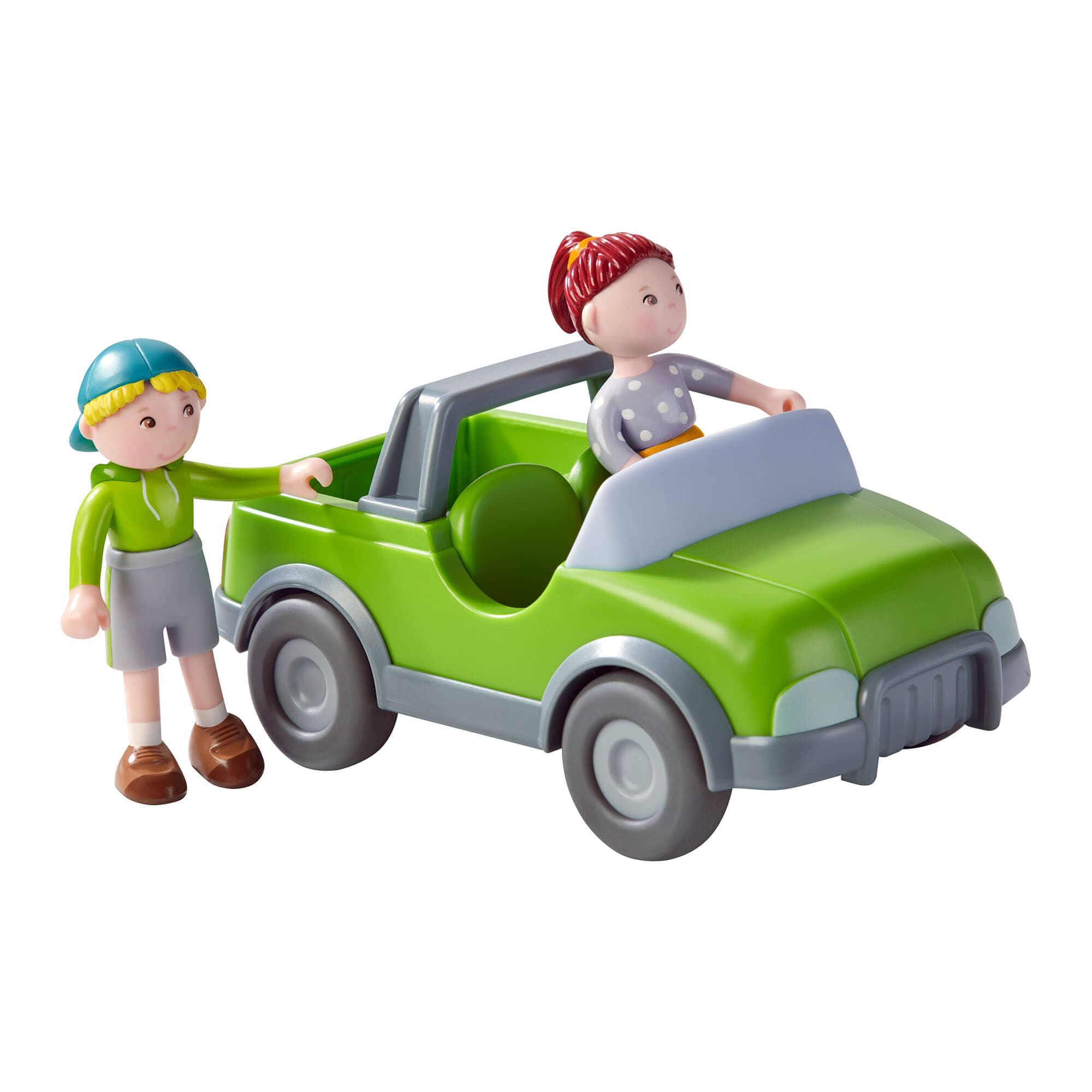 Toy green car with two figures, one driving and one standing next to it, on a white background