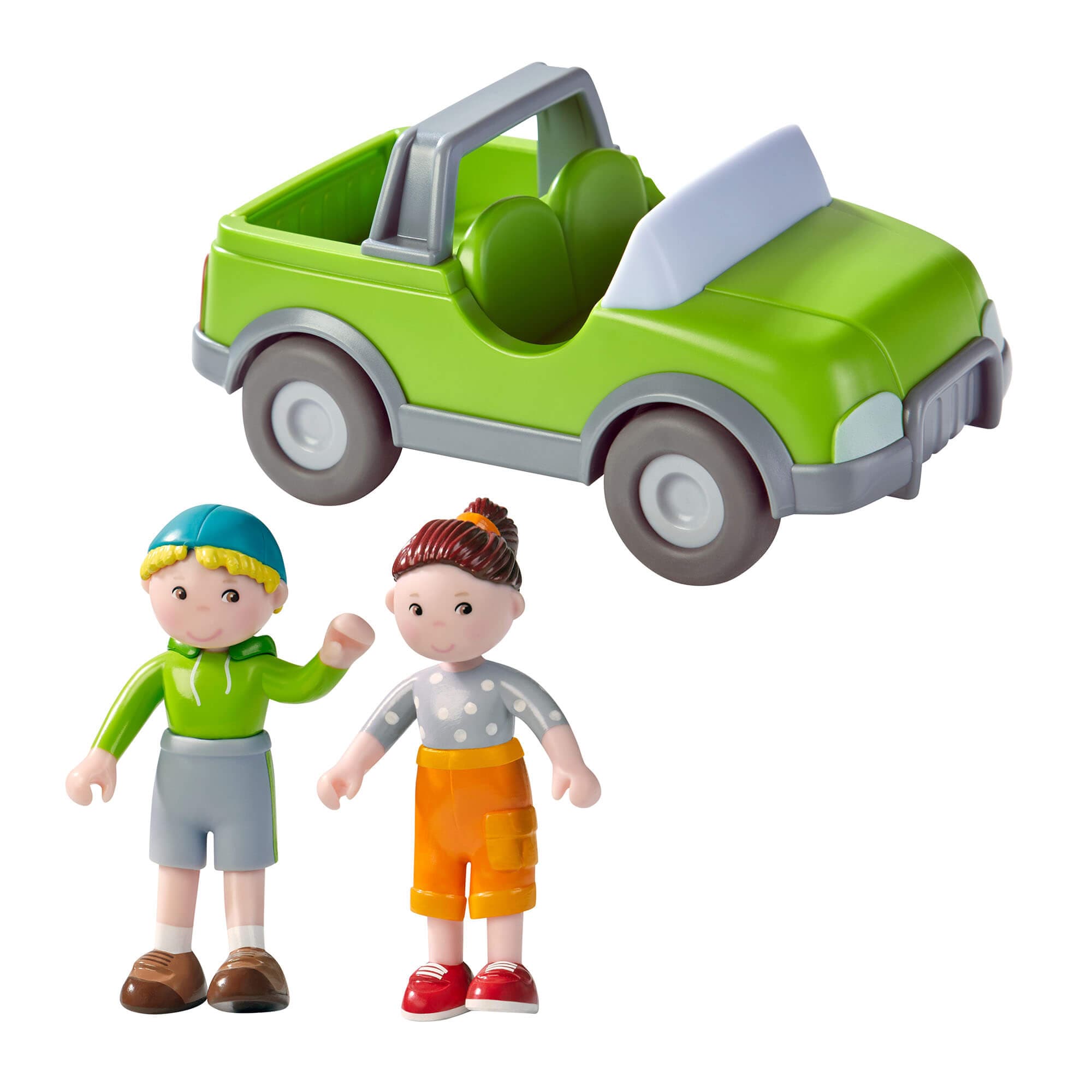 Toy figures of two children and a green toy car on a white background